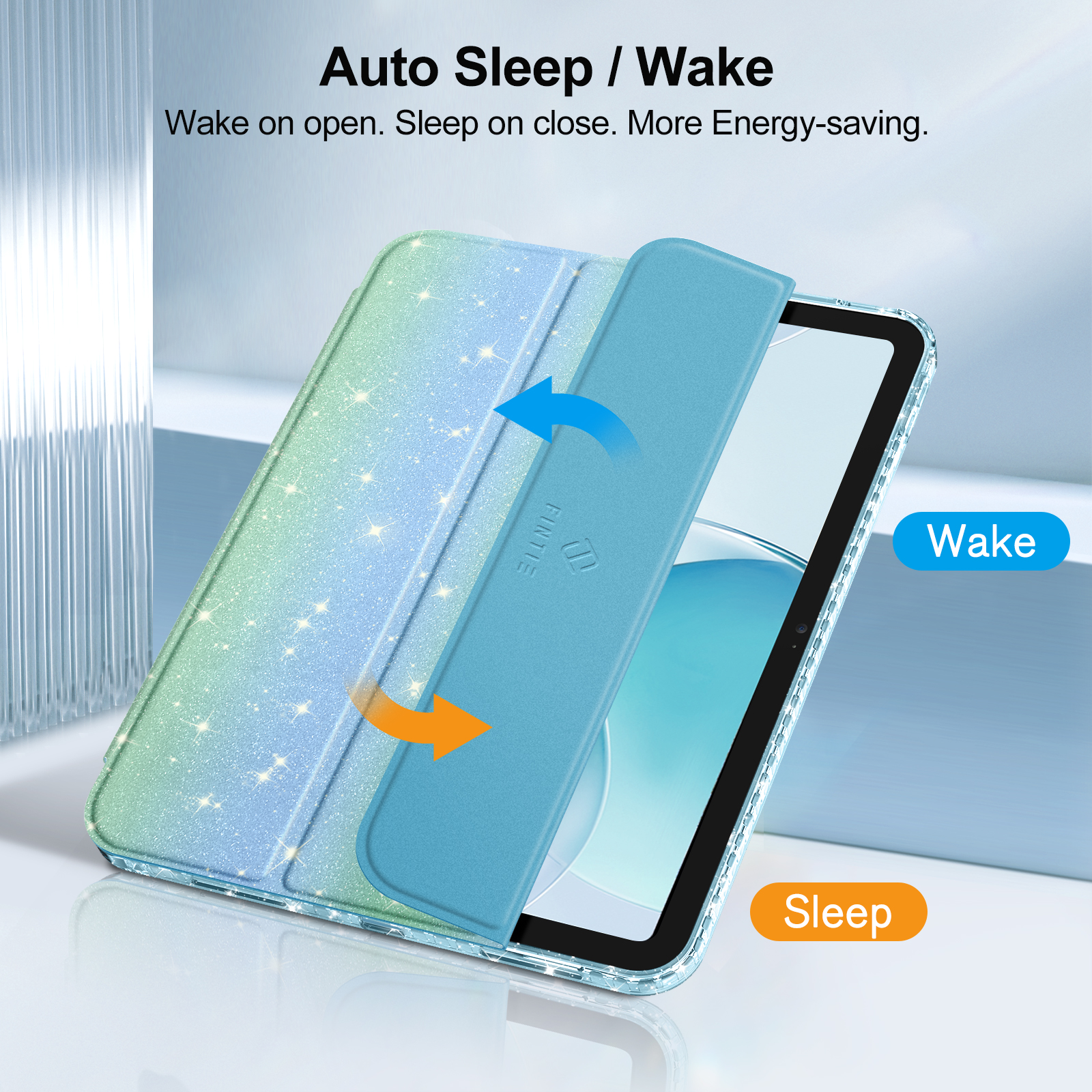 iPad mit einer blauen Abdeckung. Die Abdeckung wird geöffnet, und auf dem Bildschirm gibt es Wake- und Sleep-Beschriftungen.