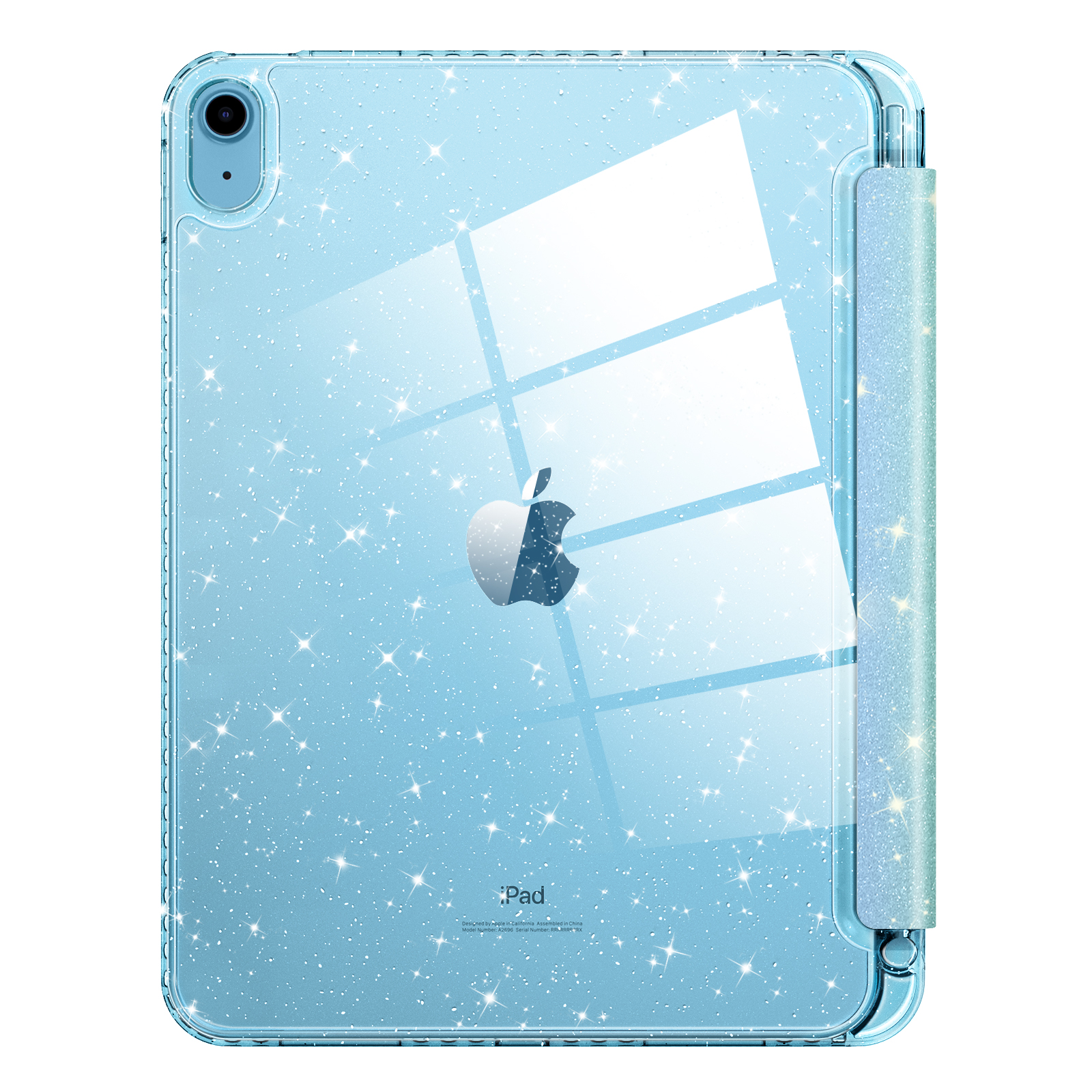 Eine transparente blaue Tablethülle mit Glitzer. Die Hülle bedeckt die Rückseite des Tablets. Ein Apple-Logo ist auf der Rückseite sichtbar.
