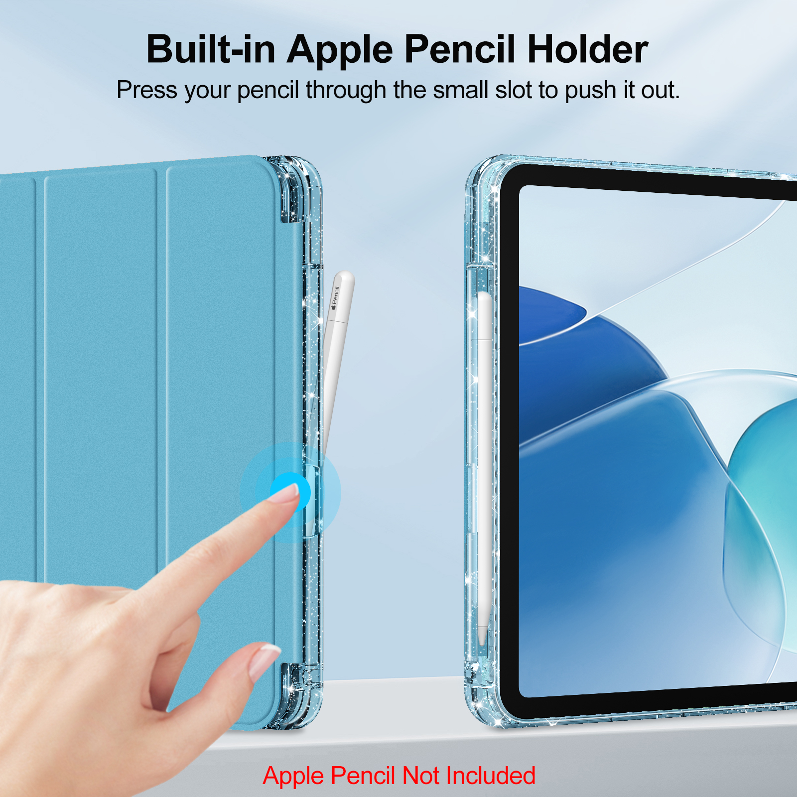 Blaue iPad-Hülle mit Stifthalter und einer Hand, die den Stift herausdrückt. Das iPad zeigt einen blauen Bildschirm.