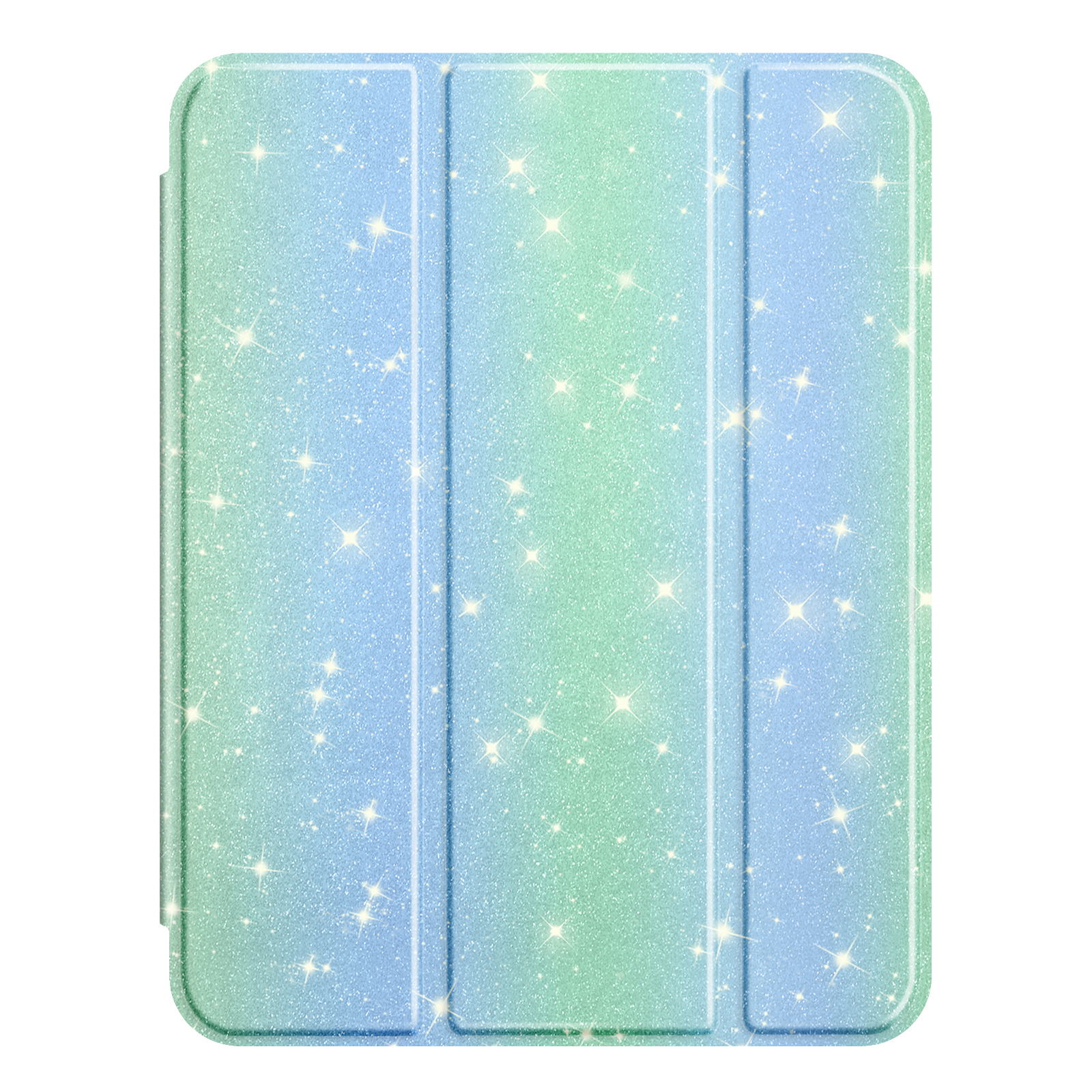 Glitzernde, grün-blaue iPad-Hülle mit Farbverlauf. Die Hülle hat Glitzer und ist geschlossen.