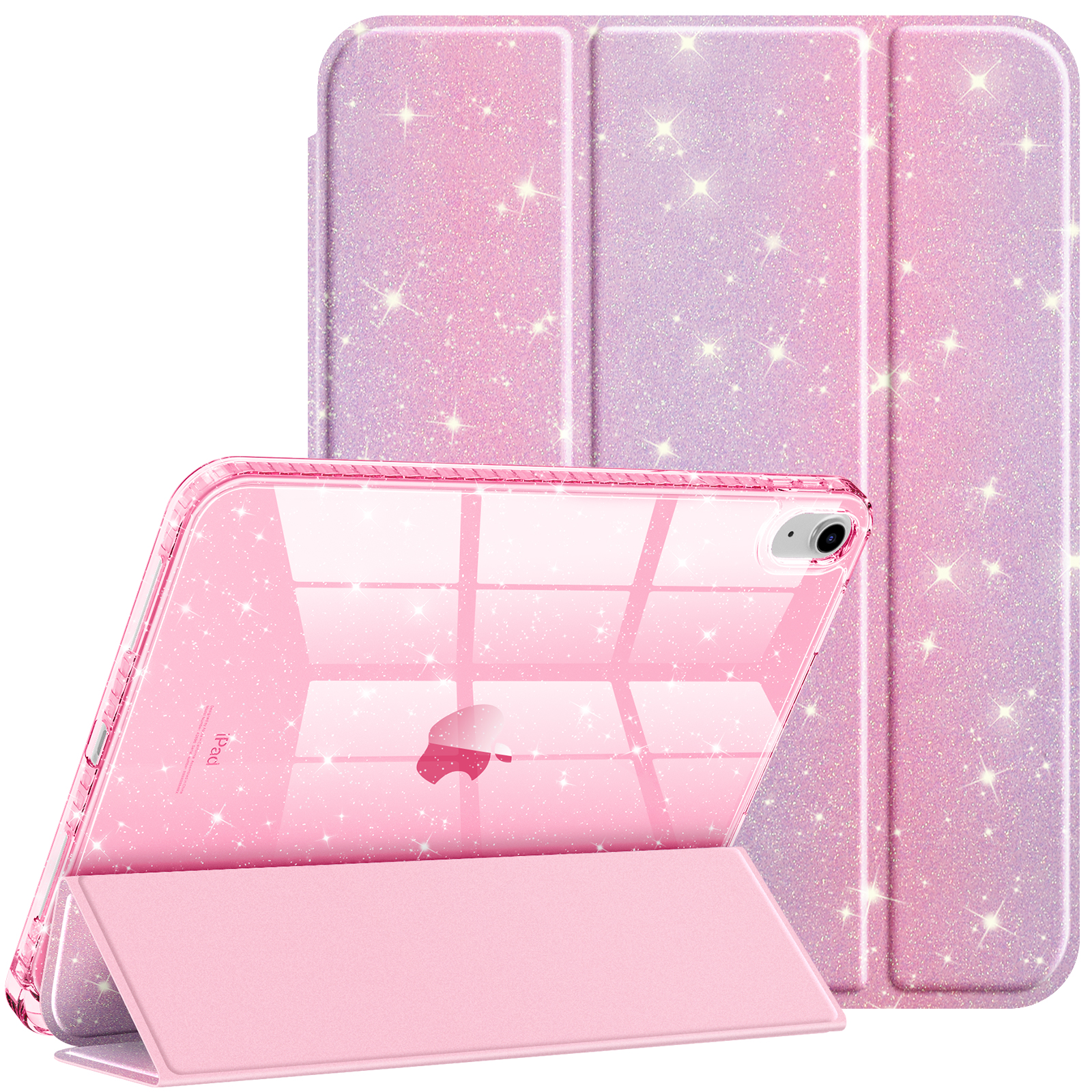 Eine rosa Tablethülle, das Tablet darin ist geöffnet. Die Hülle steht von selbst. Eine andere Hülle ist dahinter, geschlossen.