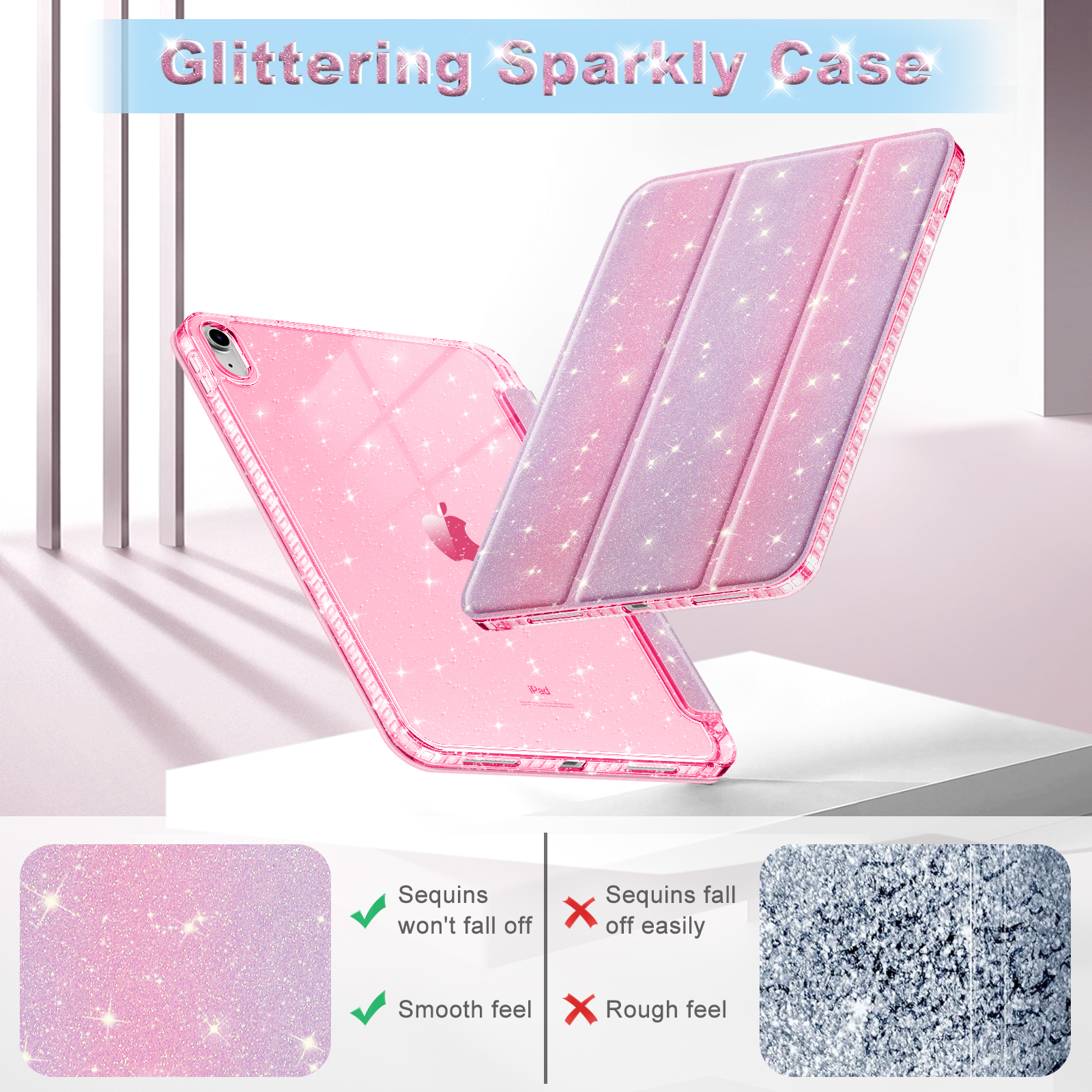 Rosa Glitzer-iPad-Hülle mit Abdeckung. Die Hülle hat eine transparente Rückseite und eine Abdeckung mit Glitzer.