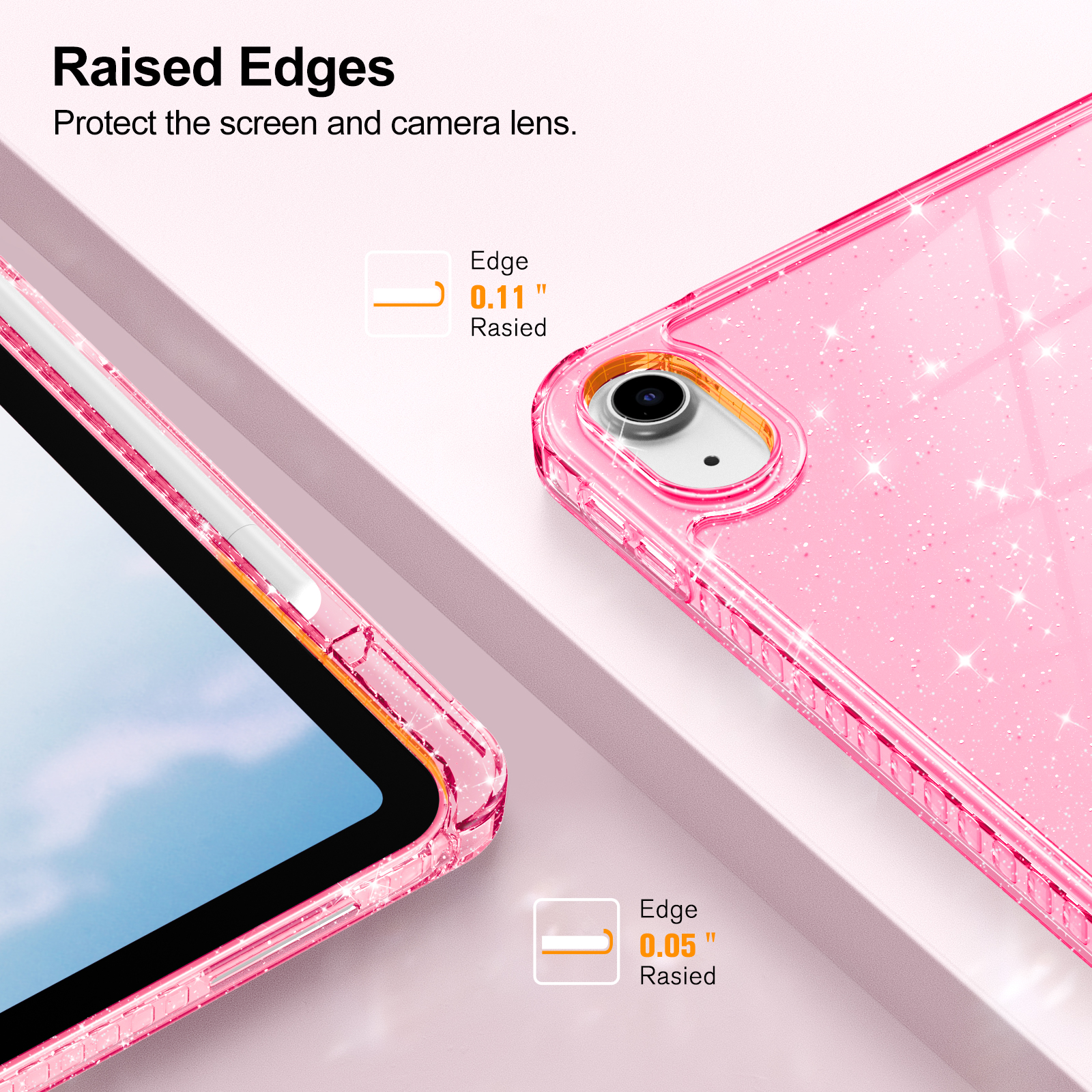 Nahaufnahme einer rosa Tablethülle. Die Hülle hat erhöhte Kanten zum Schutz von Bildschirm und Kamera. Text zeigt die Kantenstärke in Zoll.