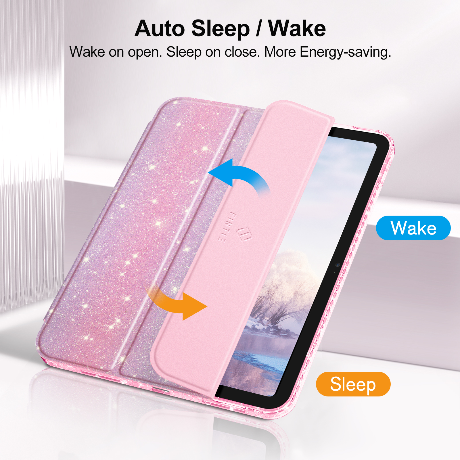 Rosa iPad mit einer Abdeckung. Die Abdeckung wird geöffnet, und auf dem Bildschirm gibt es Wake- und Sleep-Beschriftungen.