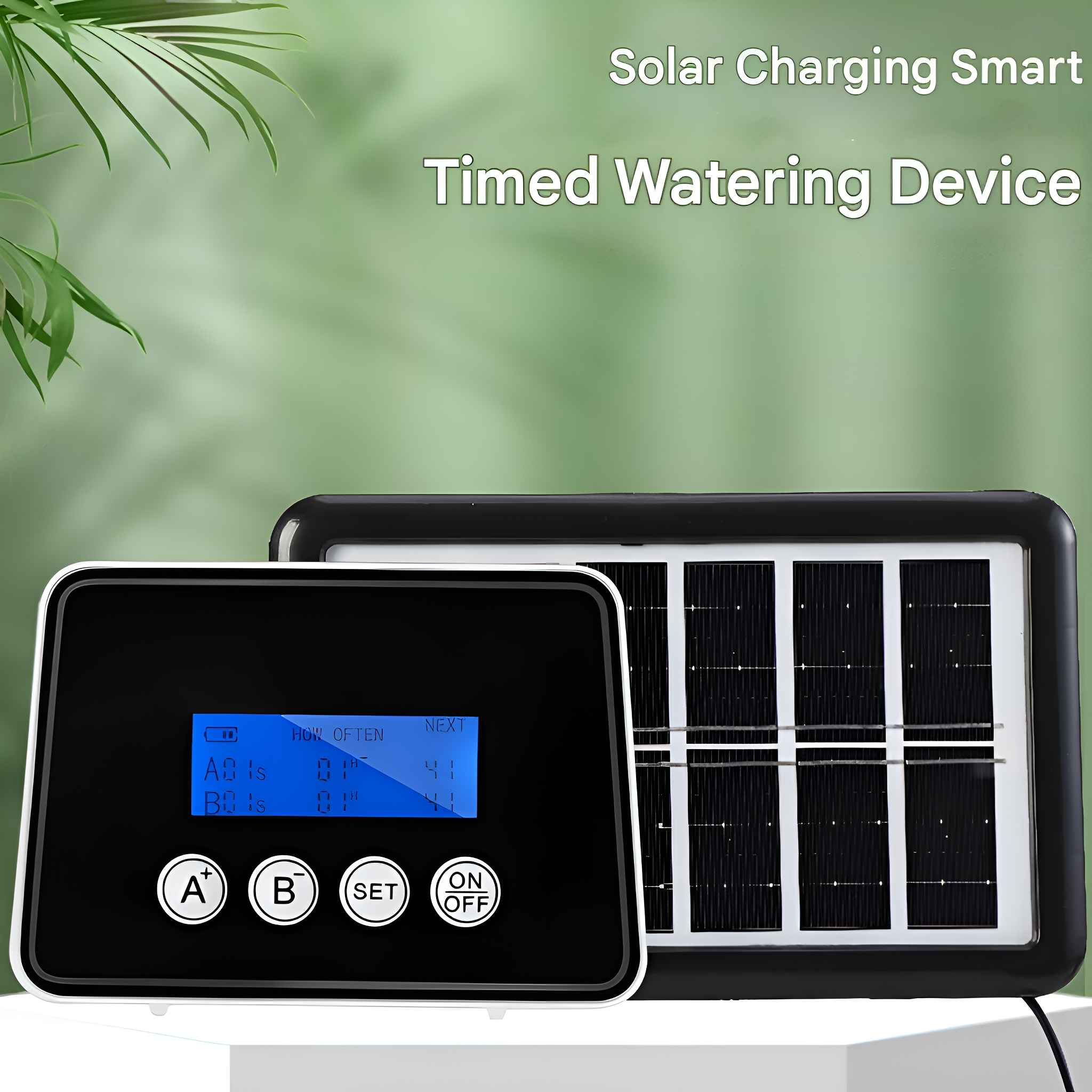 Ein intelligentes, solarbetriebenes Bewässerungsgerät mit schwarzem Bildschirm und Solarpanel. Text überlagert.