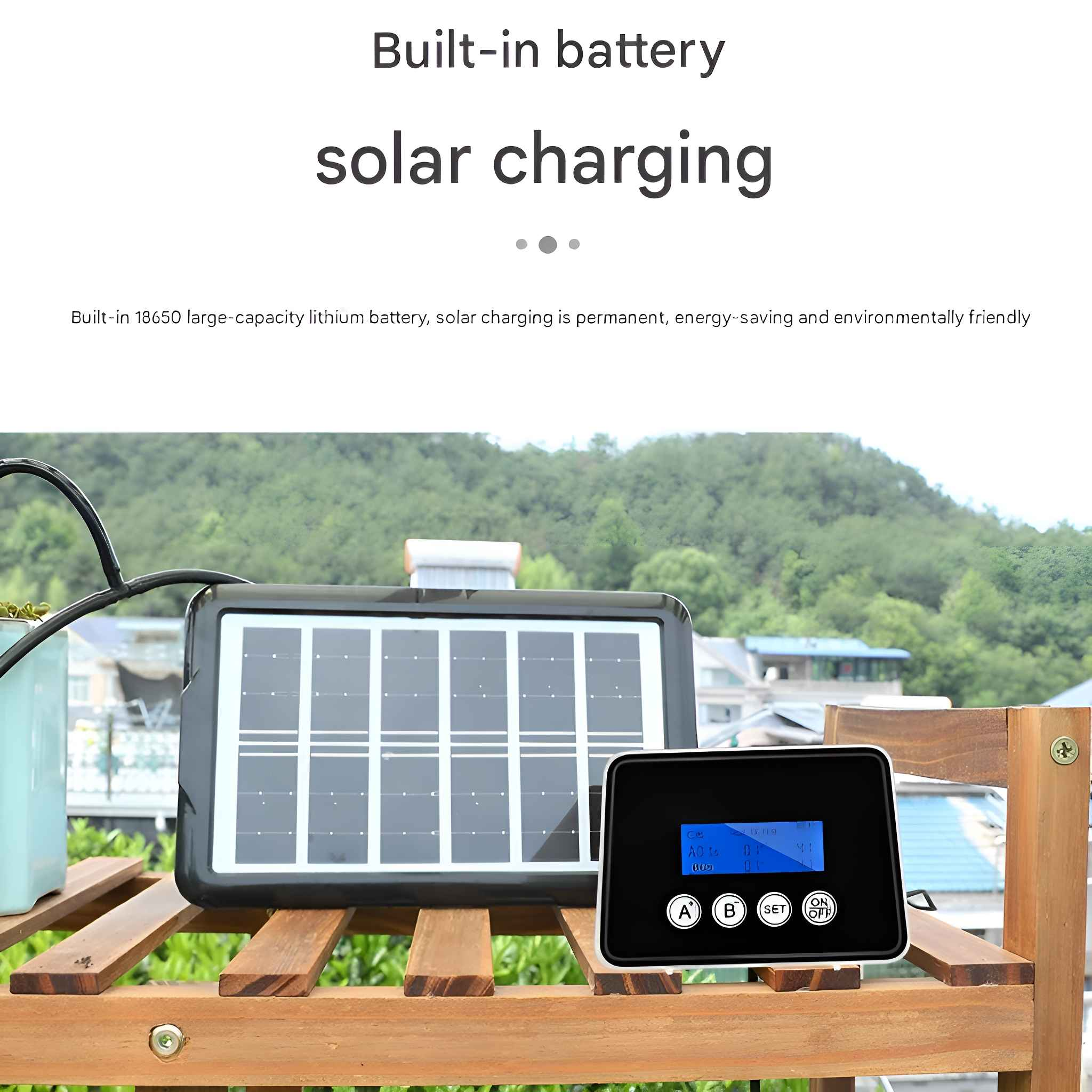Ein Solarpanel und ein Bedienfeld stehen auf einem Holzregal. Text: Eingebauter Akku, Solaraufladung.