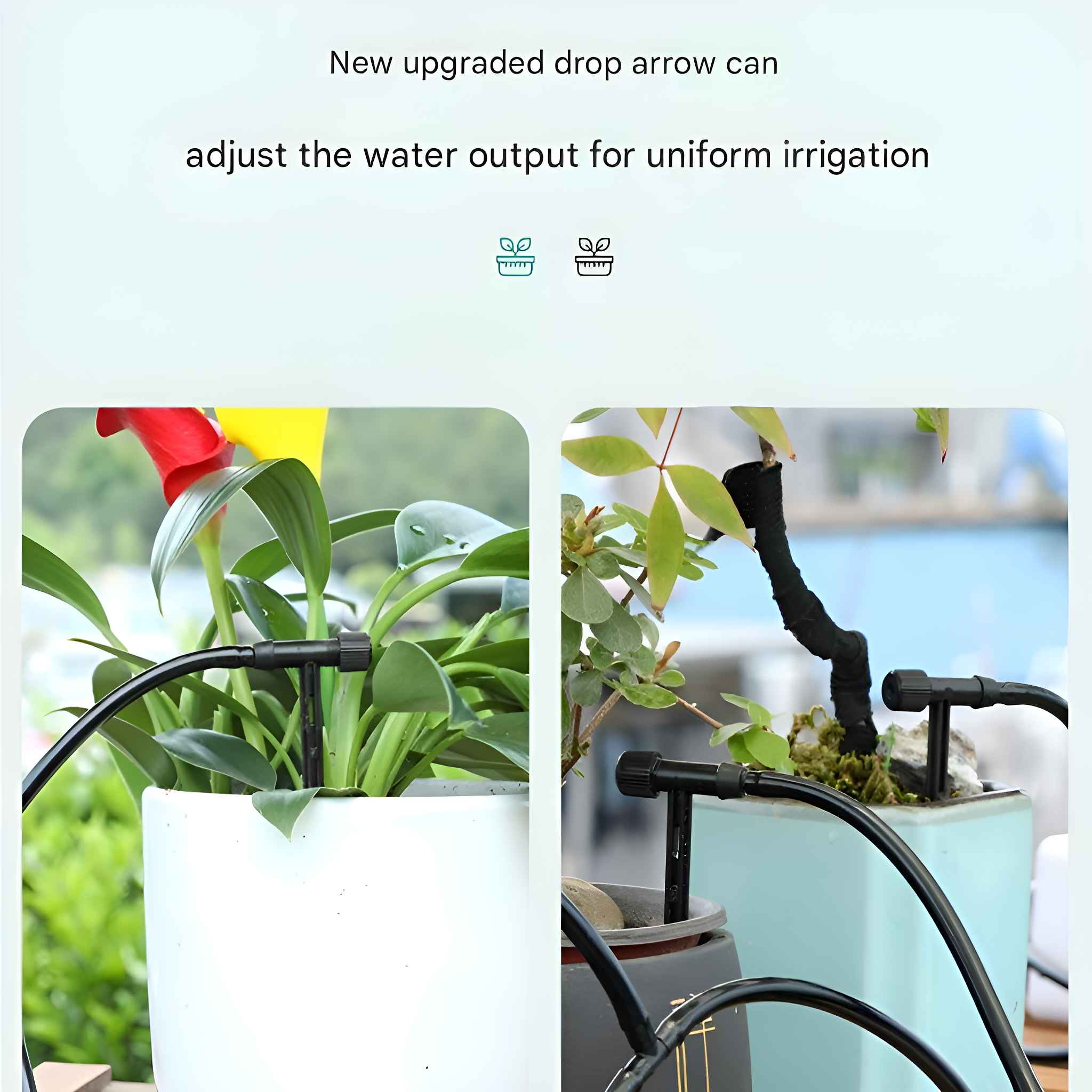 Zwei Bilder zeigen Pflanzen mit Bewässerungssystemen, mit Fokus auf die einstellbare Wasserausgabe.