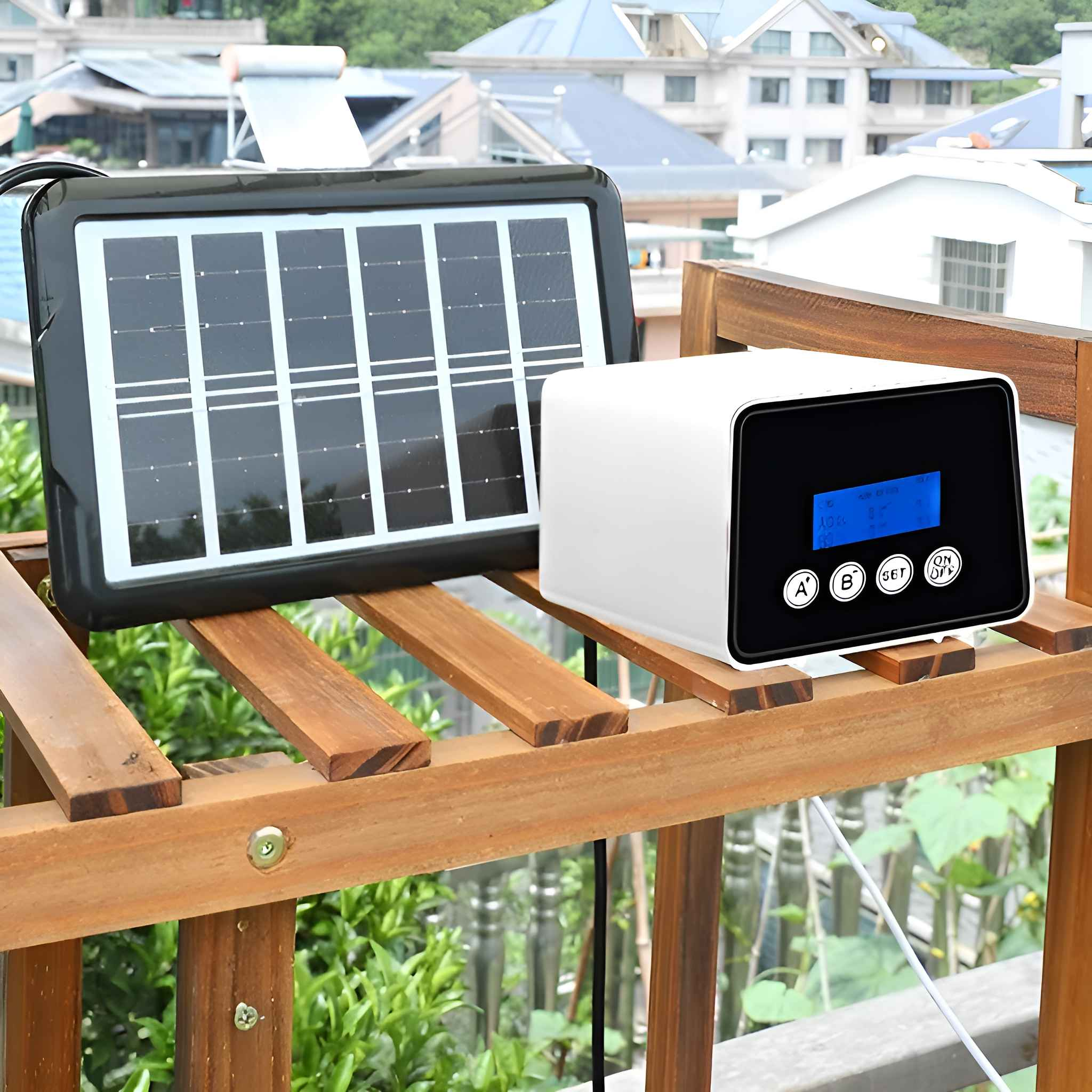 Ein Solarpanel und ein weißes Gerät mit blauem Display sind auf einer Holzkonstruktion montiert.