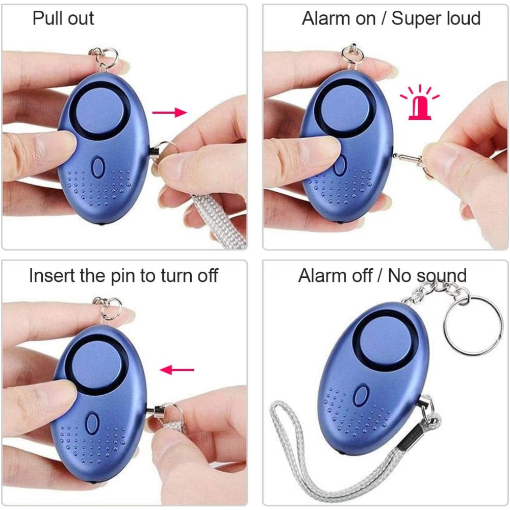 Abfolge von Schritten zur Verwendung eines blauen Alarmgeräts: Ziehen, Alarm ein, Stift einsetzen, Alarm aus.