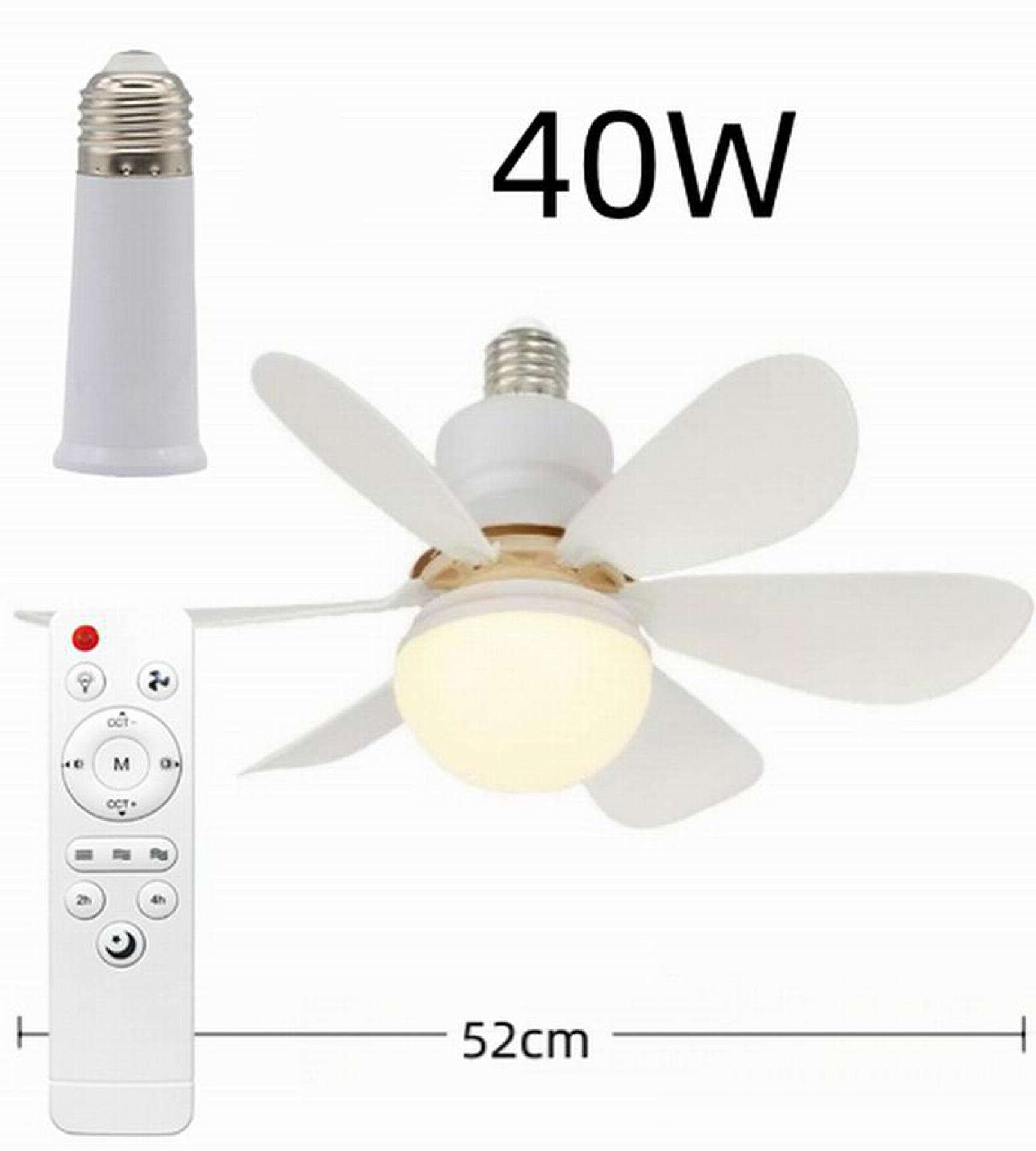 Ein weißer Deckenventilator mit fünf Flügeln und einem Licht, neben einer Fernbedienung und einer Glühbirnenfassung.