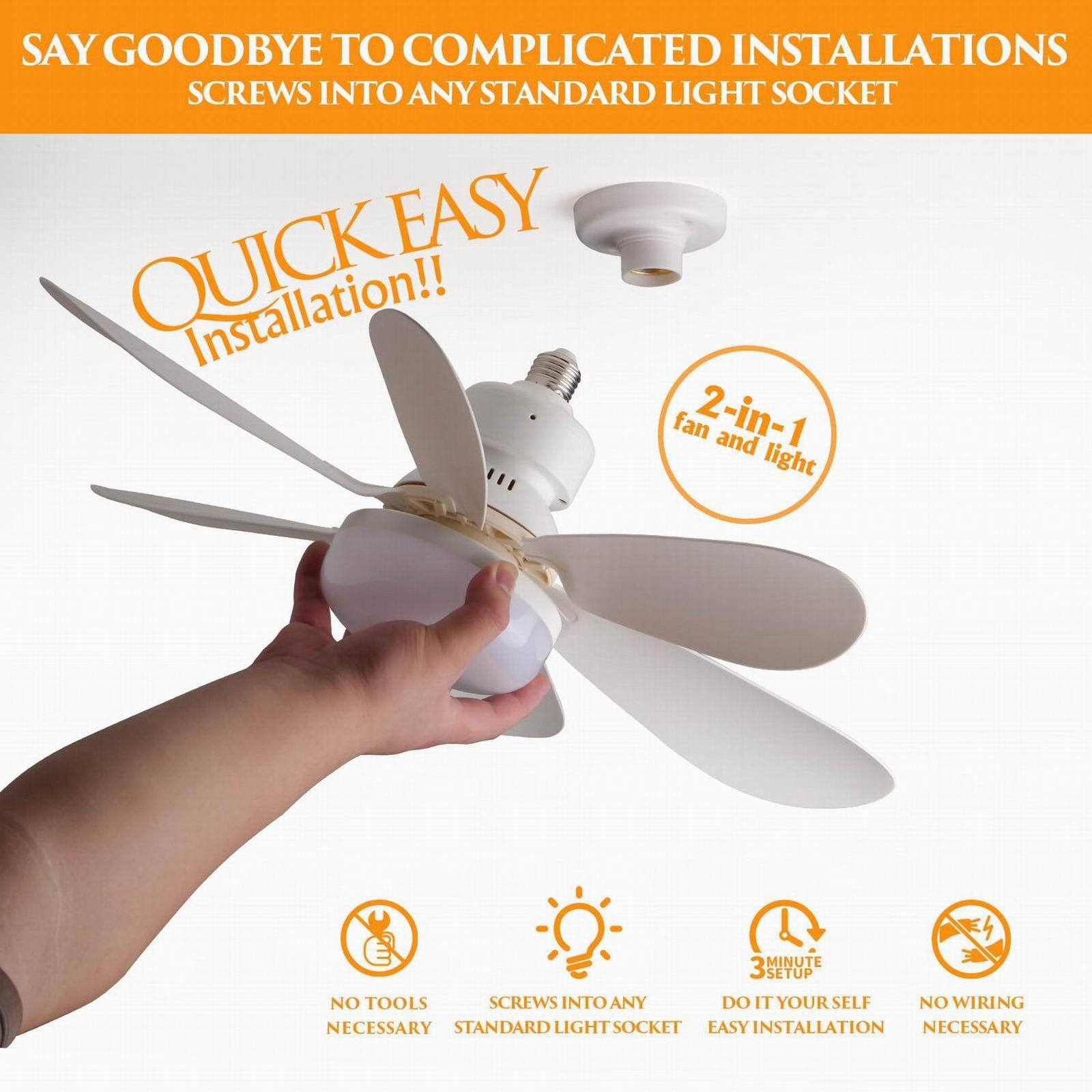 Eine Hand, die einen weißen Deckenventilator mit Licht installiert, mit dem Text 'Quick Easy Installation' und Symbolen.