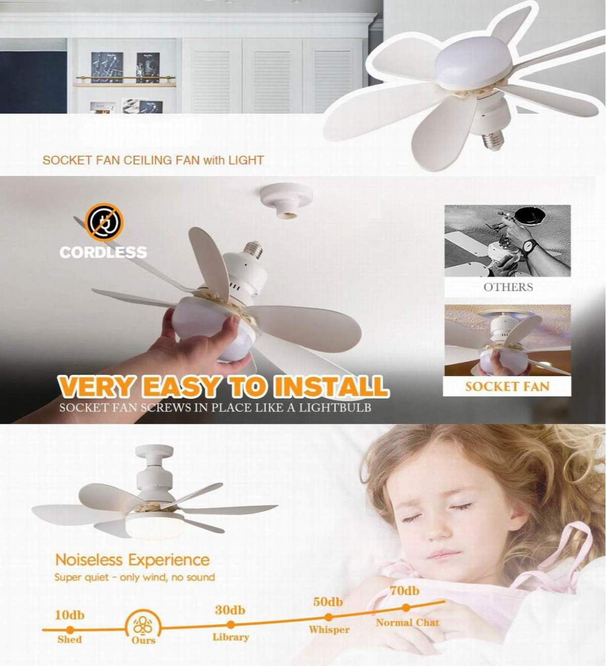 Eine Grafik zeigt einen weißen Deckenventilator mit Licht, Installationsschritten und einem schlafenden Kind.