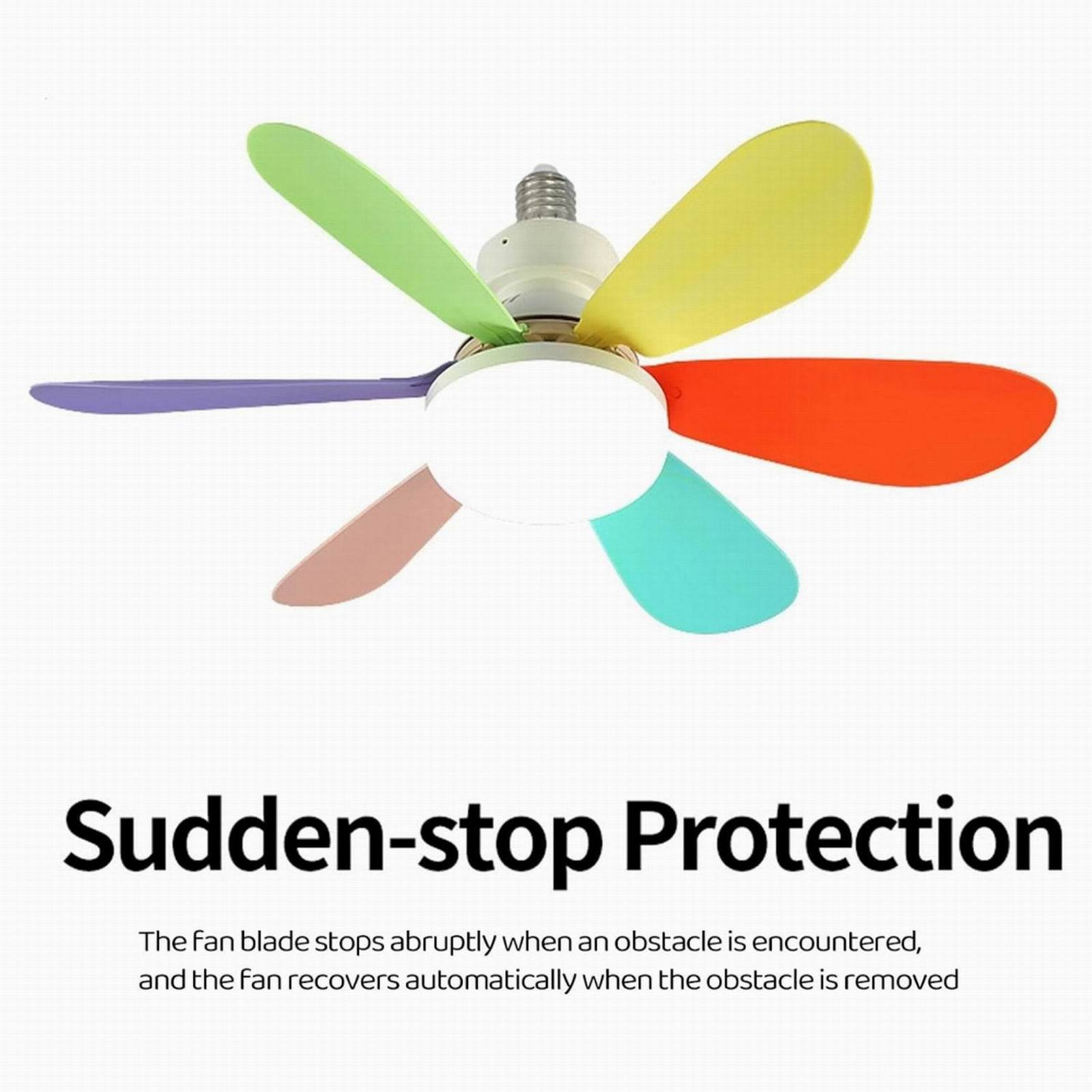 Deckenventilator mit farbenfrohen Flügeln, die bei Hindernissen abrupt stoppen, mit dem Text 'Sudden-stop Protection'.