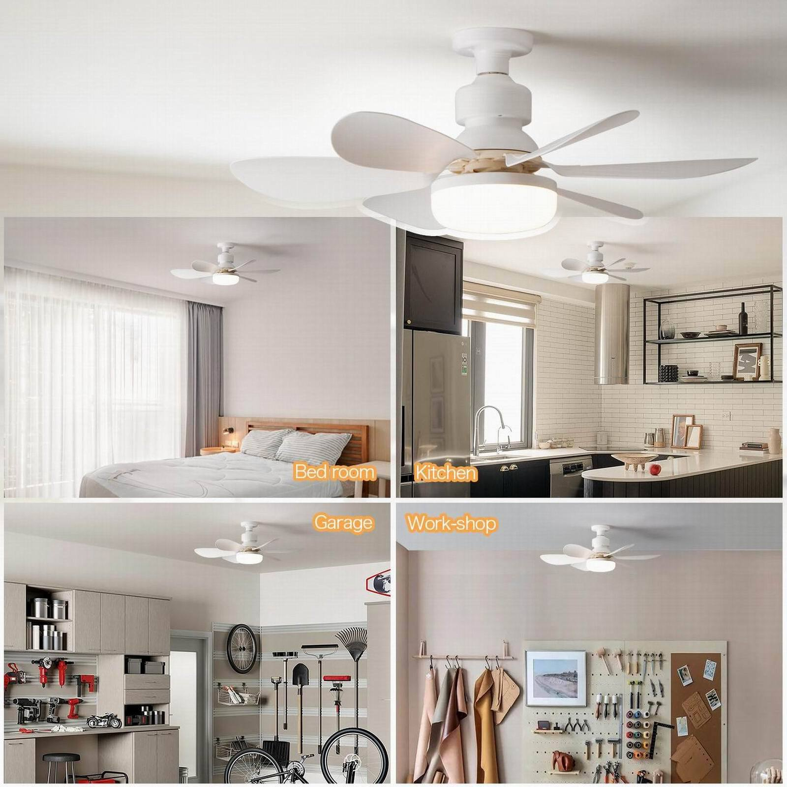 Vier Bilder eines weißen Deckenventilators mit Licht in verschiedenen Umgebungen: Schlafzimmer, Küche, Garage und Werkstatt.