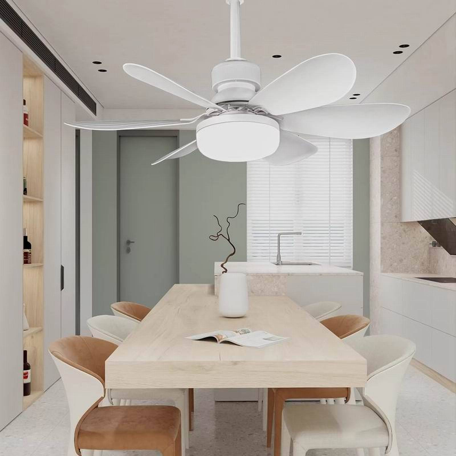 Ein weißer Deckenventilator mit fünf Flügeln ist an einer Decke über einem Esstisch montiert.