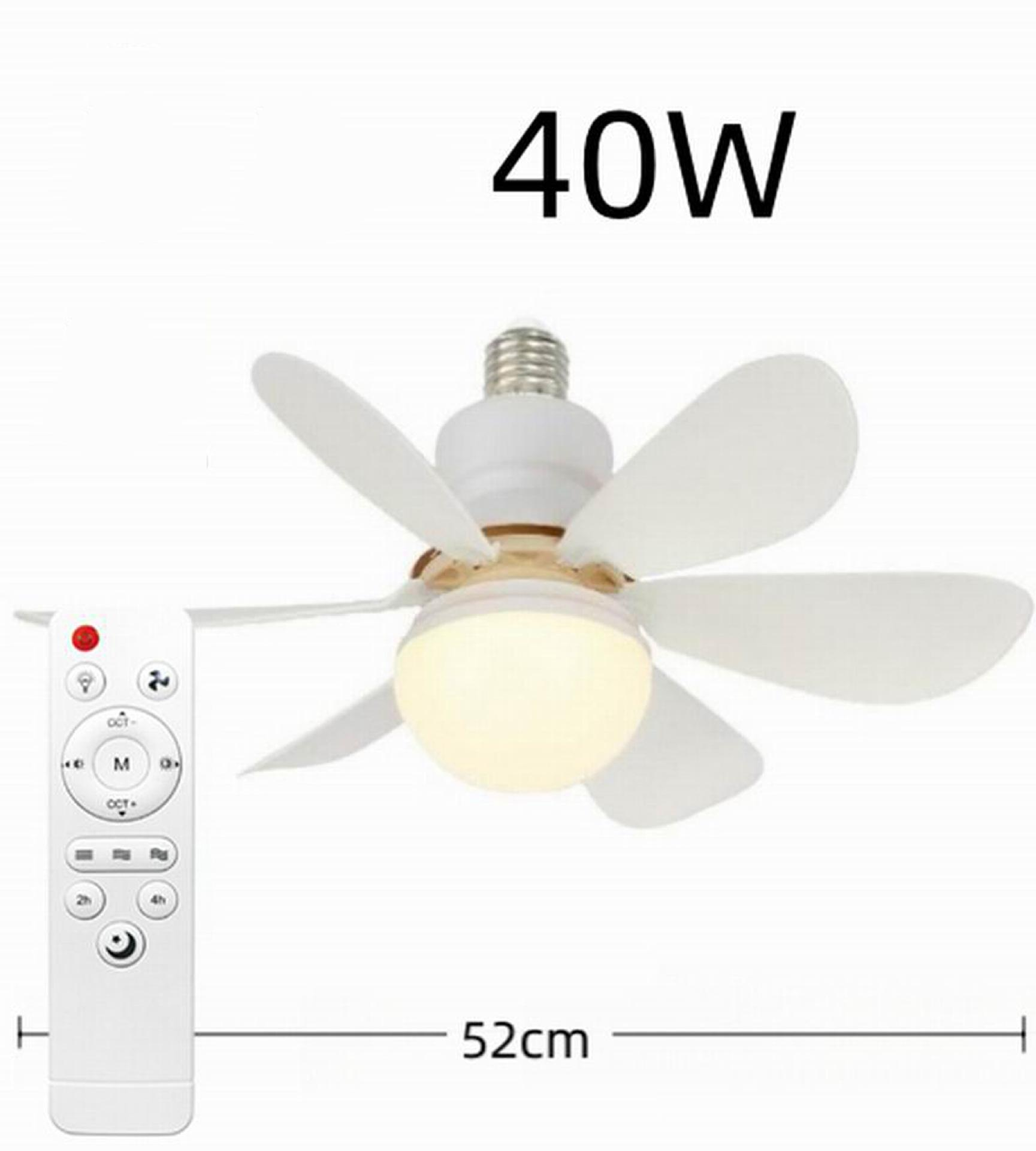 Ein weißer Deckenventilator mit fünf Flügeln, einem Licht und einer Fernbedienung. Der Ventilator ist mit 40 W und 52 cm beschriftet.