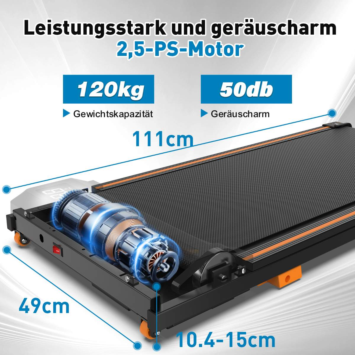 Laufband mit Motor und Abmessungen. Texte: 120 kg Gewichtskapazität, 50 dB Schall, 111 cm, 49 cm, 10,4-15 cm.