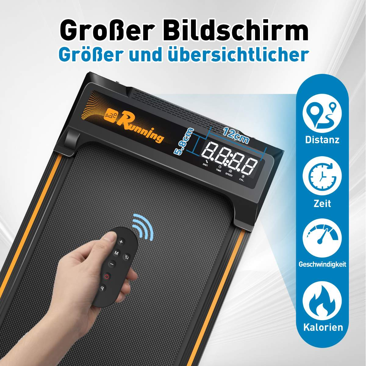 Schwarzes Laufband mit Digitalanzeige, Fernbedienung in der Hand. Text auf Deutsch: Großer Bildschirm, Running-Text.