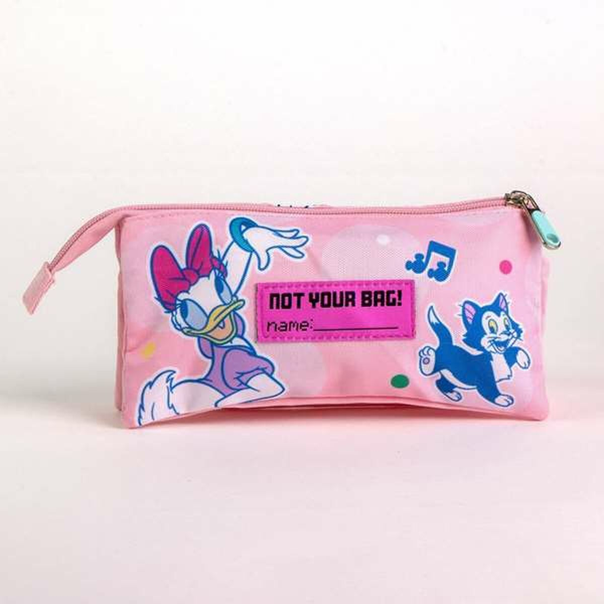 Estuche rosa de Minnie Mouse con Daisy Duck y un gato. El texto 'NOT YOUR BAG!'