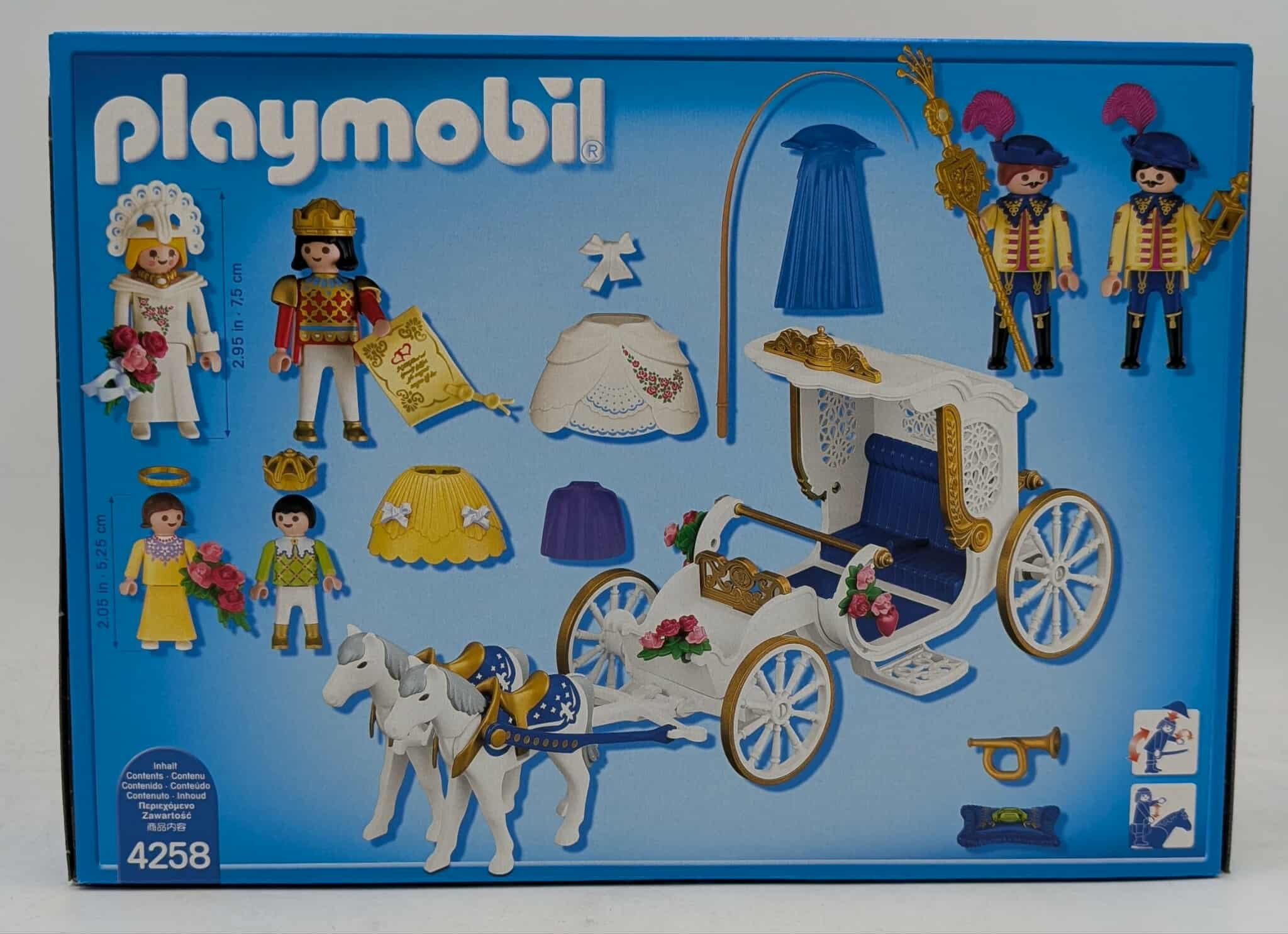 Playmobil-Box-Set mit königlichem Hochzeitsthema. Figuren, Kutsche, Pferde und Zubehör gezeigt.