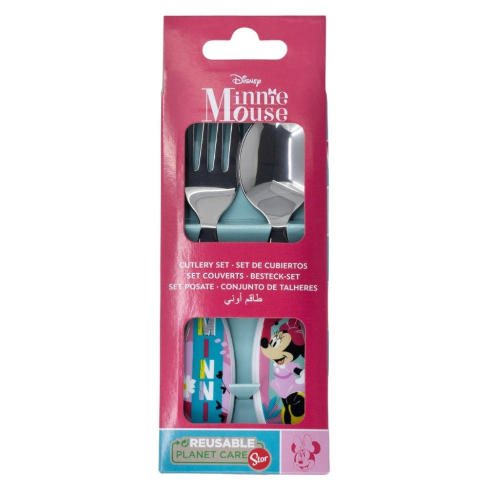 Ein verpacktes Set mit Minnie Mouse-Besteck. Enthält Gabel und Löffel, mit Minnie Mouse-Design auf den Griffen.