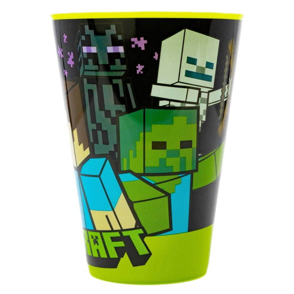 Minecraft-Becher mit Zombie, Enderman und Skelett. Schwarzer Hintergrund, grüner Rand.
