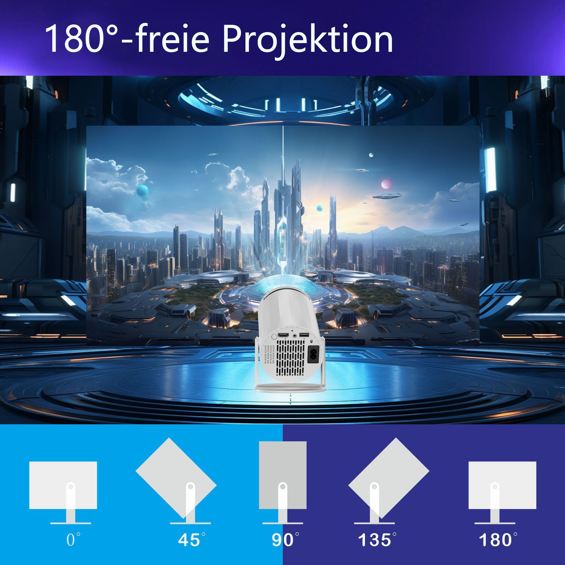 Ein weißer Projektor vor futuristischem Stadtbild. Text: „180°-freie Projektion“.