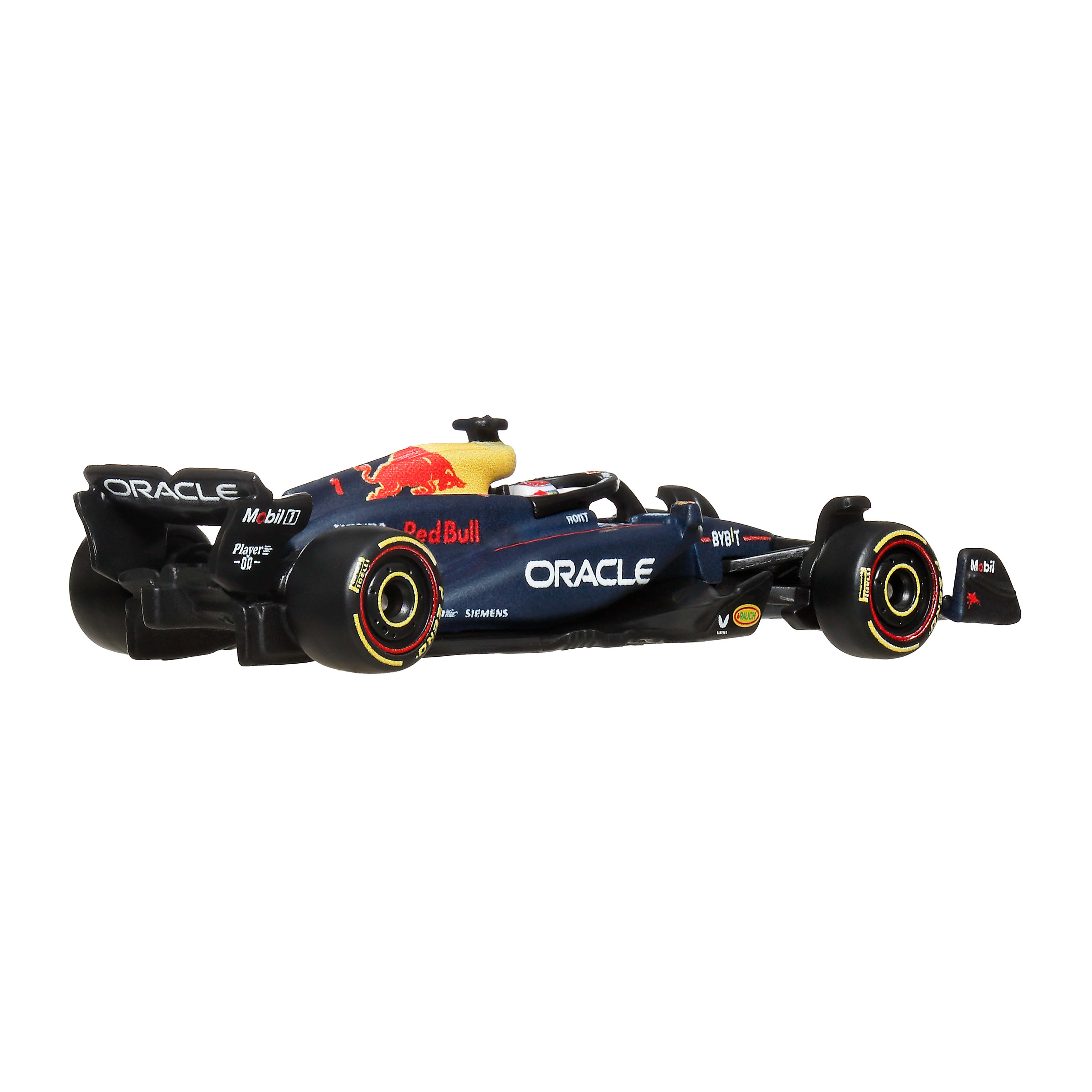 Coche de carreras azul oscuro con logotipos de Red Bull y Oracle. Acentos amarillos en las ruedas.