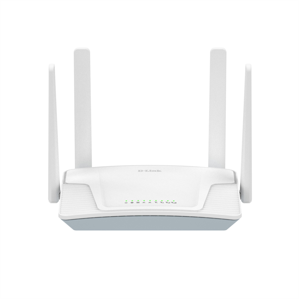 Weißer D-Link-Router mit vier Antennen, grünen Lichtern und weißem Hintergrund.