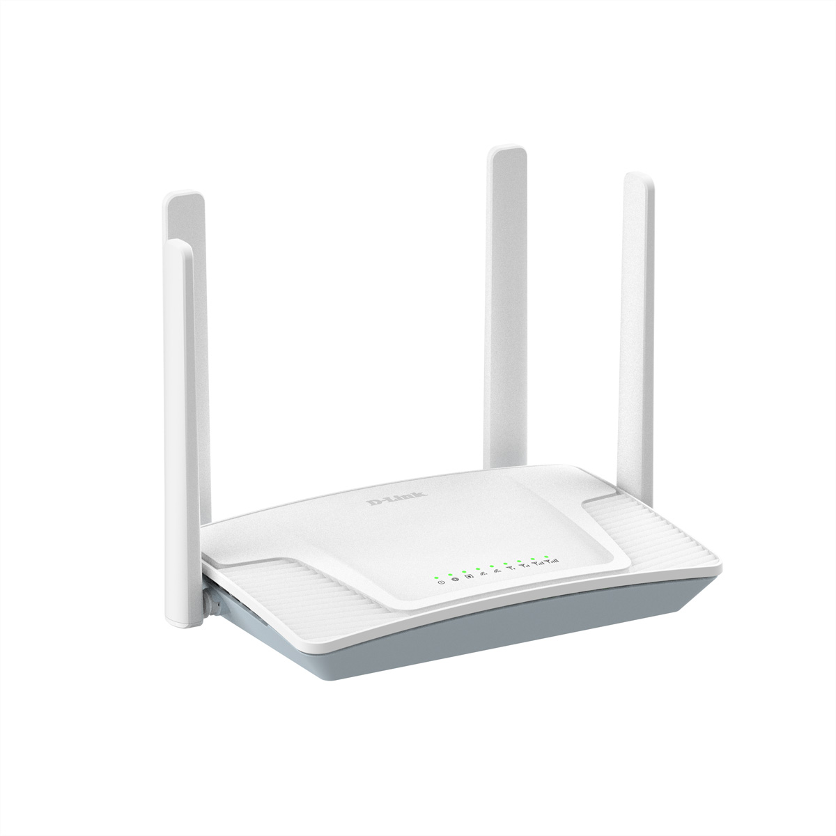 Weißer D-Link-Router mit vier Antennen, grünen Lichtern und weißem Hintergrund.