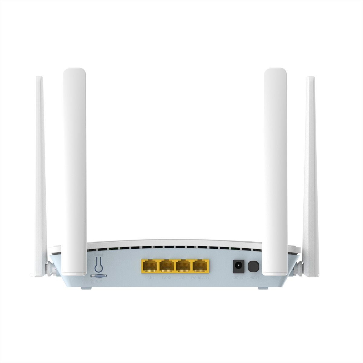 Weißer Router mit vier Antennen, gelben Anschlüssen und schwarzen Eingängen. Weißer Hintergrund.