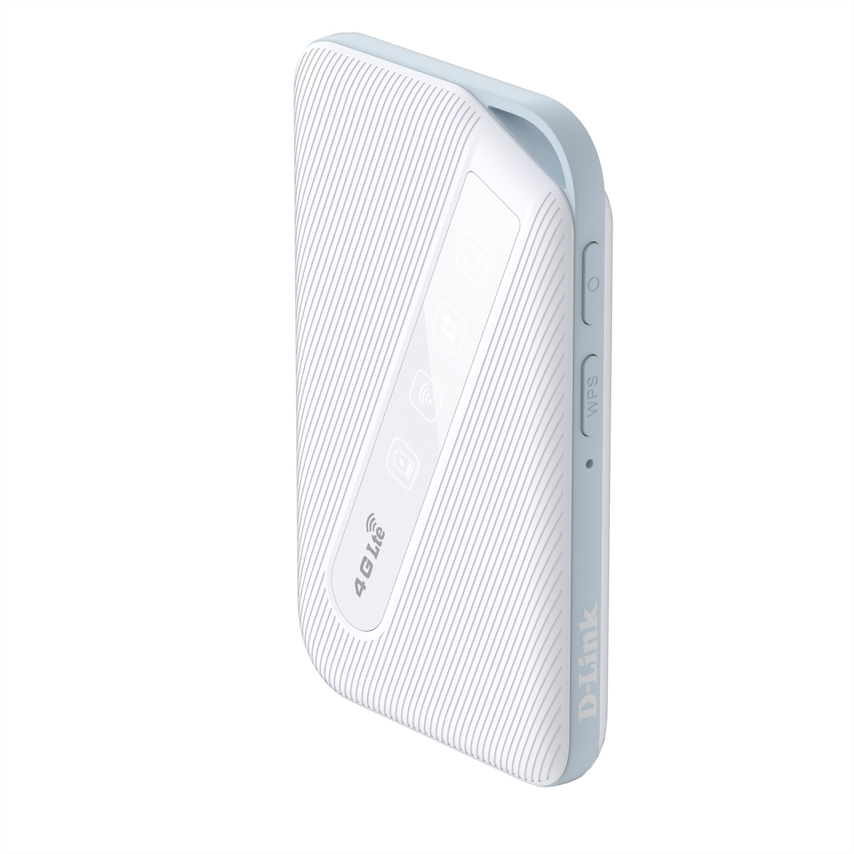 Un router WiFi mobile 4G LTE bianco e azzurro. Ha una serie di spie luminose e un logo D-Link.