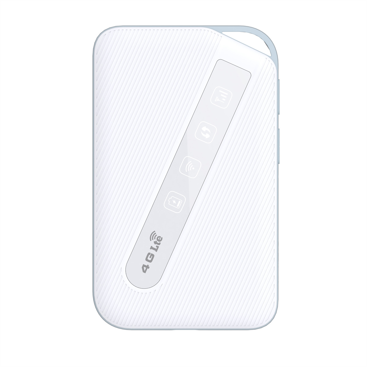 Un router WiFi mobile bianco con finiture azzurre. Ha una serie di spie luminose e un logo 4G LTE.