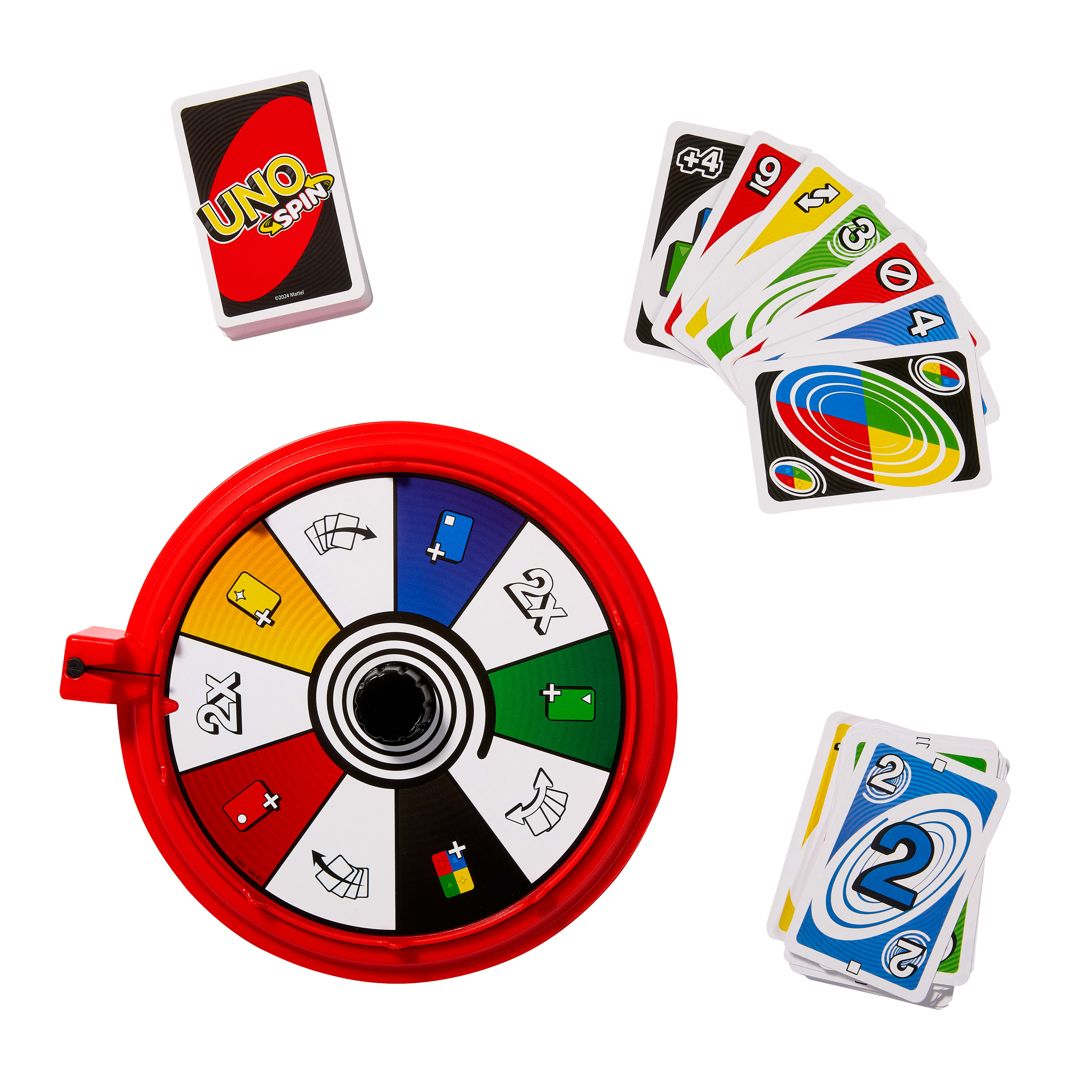 Composants du jeu Uno Spin, dont une roue rouge, des cartes et un jeu de cartes.