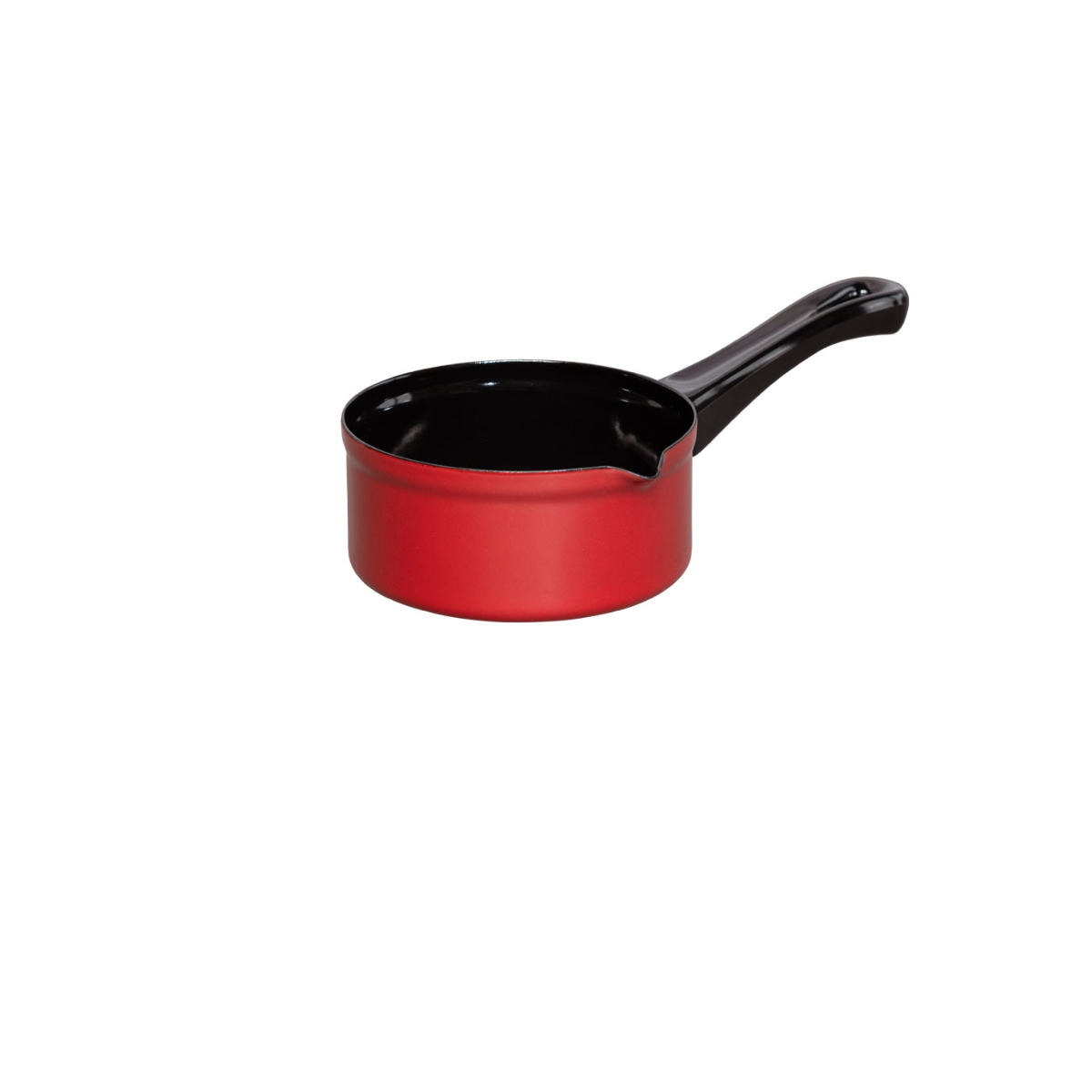 Ein roter Kochtopf mit schwarzem Griff. Die Pfanne steht auf weißem Hintergrund.