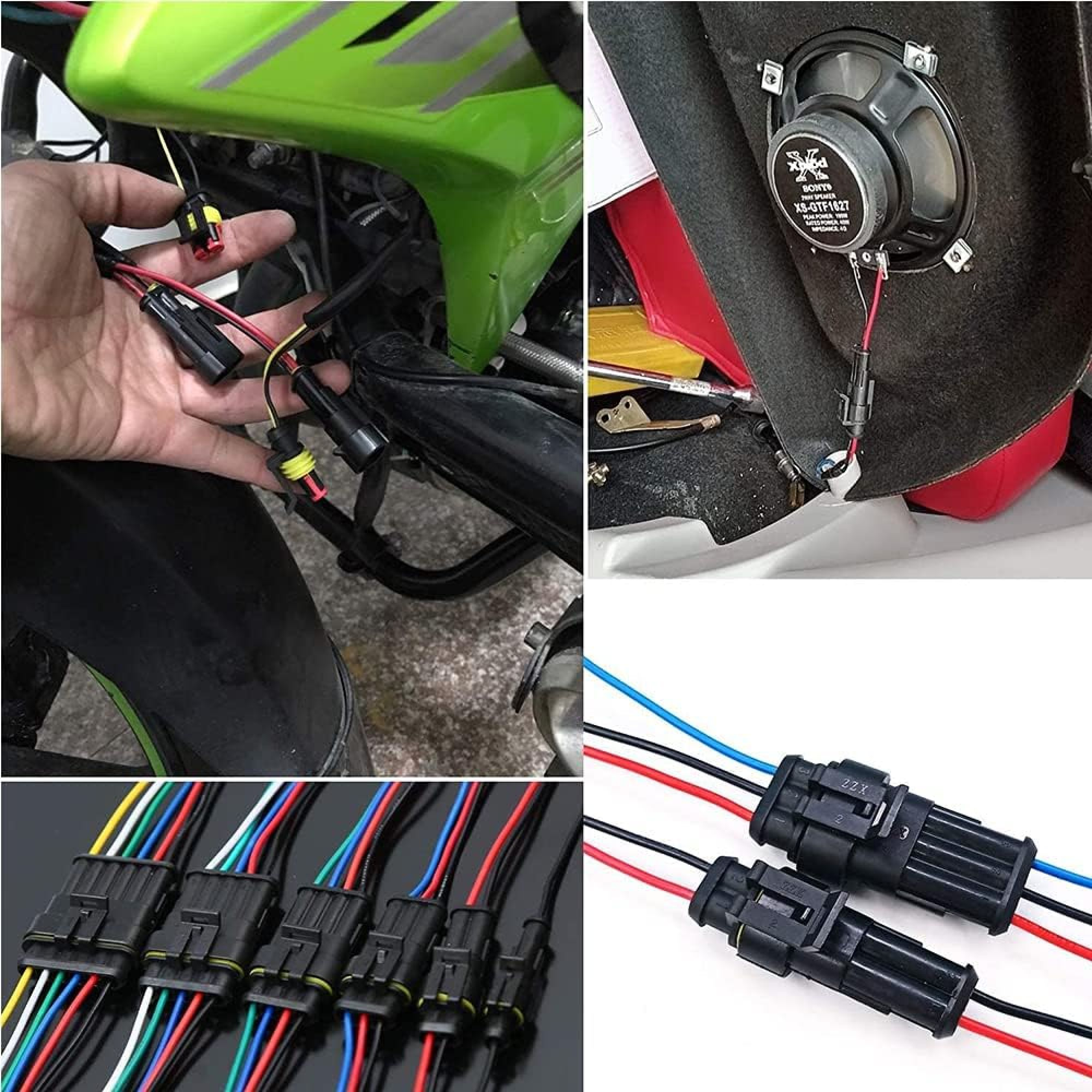 Bilder, die elektrische Steckverbinder zeigen, die an einem Motorrad mit einem Lautsprecher verwendet werden. Verkabelung und Anschlüsse sind sichtbar.