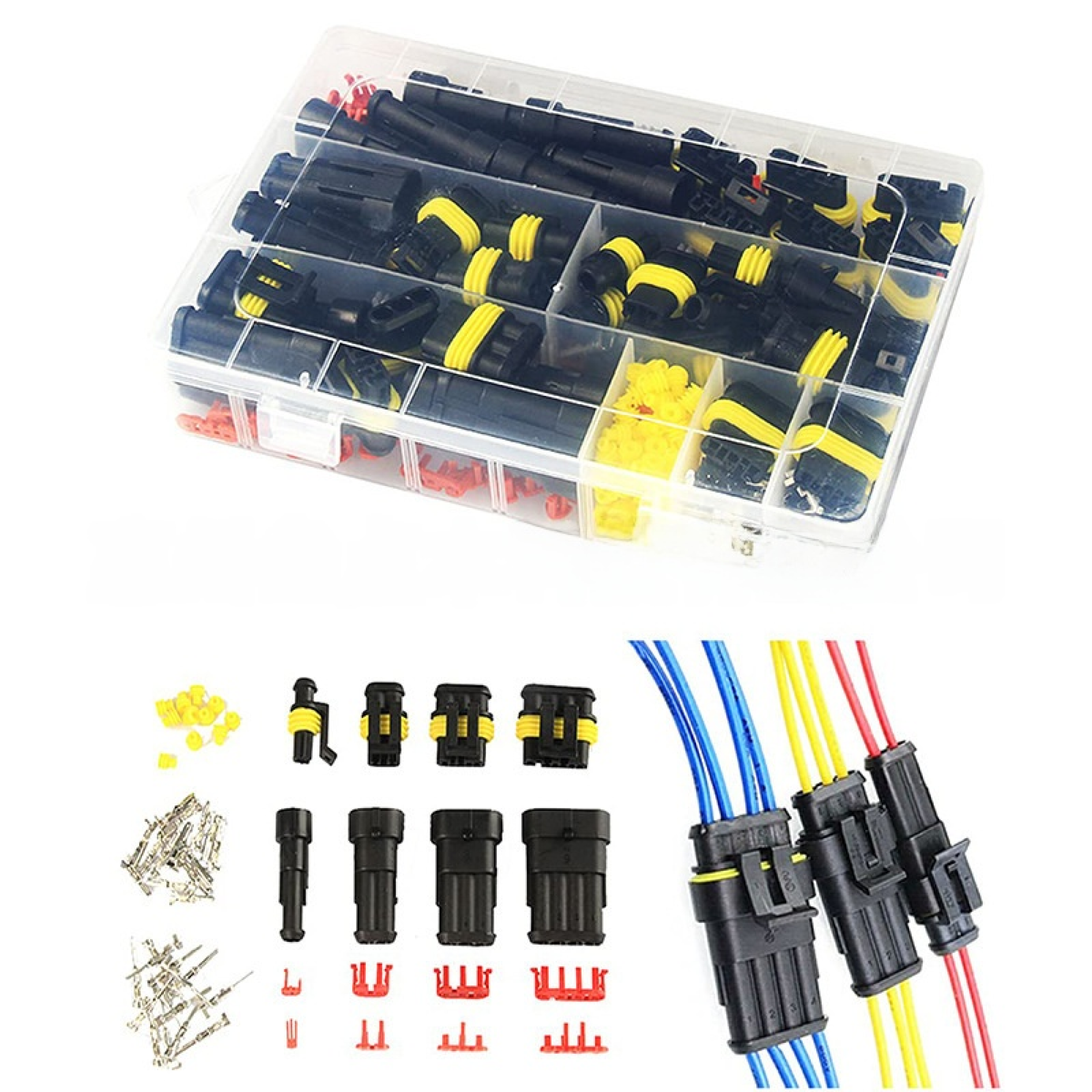 Transparente Kunststoffbox mit verschiedenen elektrischen Steckern und Drähten, zur Organisation angeordnet. Einige Drähte farbig.
