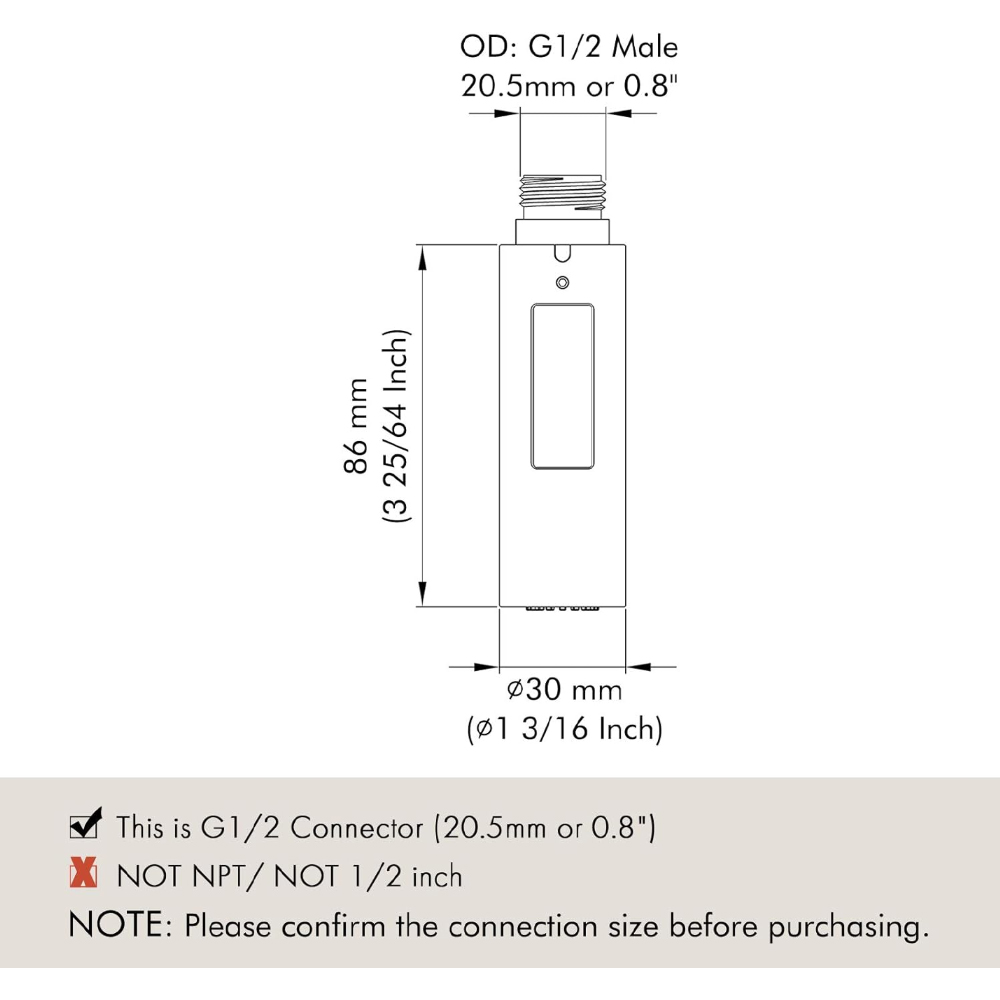 Technische Zeichnung eines Anschlusses mit Abmessungen in mm und Zoll. Enthält Anschlusstyp und -größe.