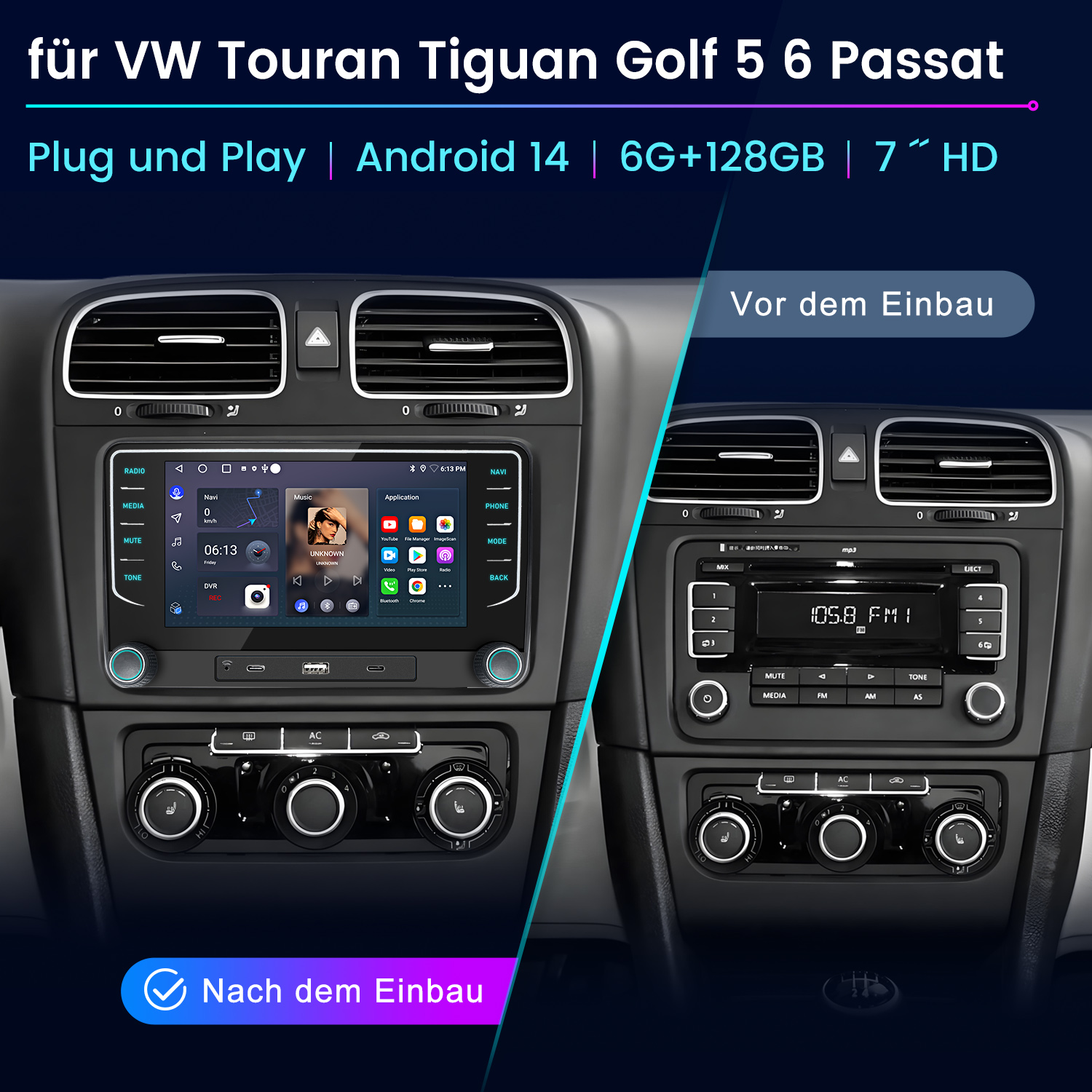 Auto-Armaturenbrett mit Bildschirm, Navigations-App und Radioanzeige. Text: 'Vor der Installation' und 'Nachher'.