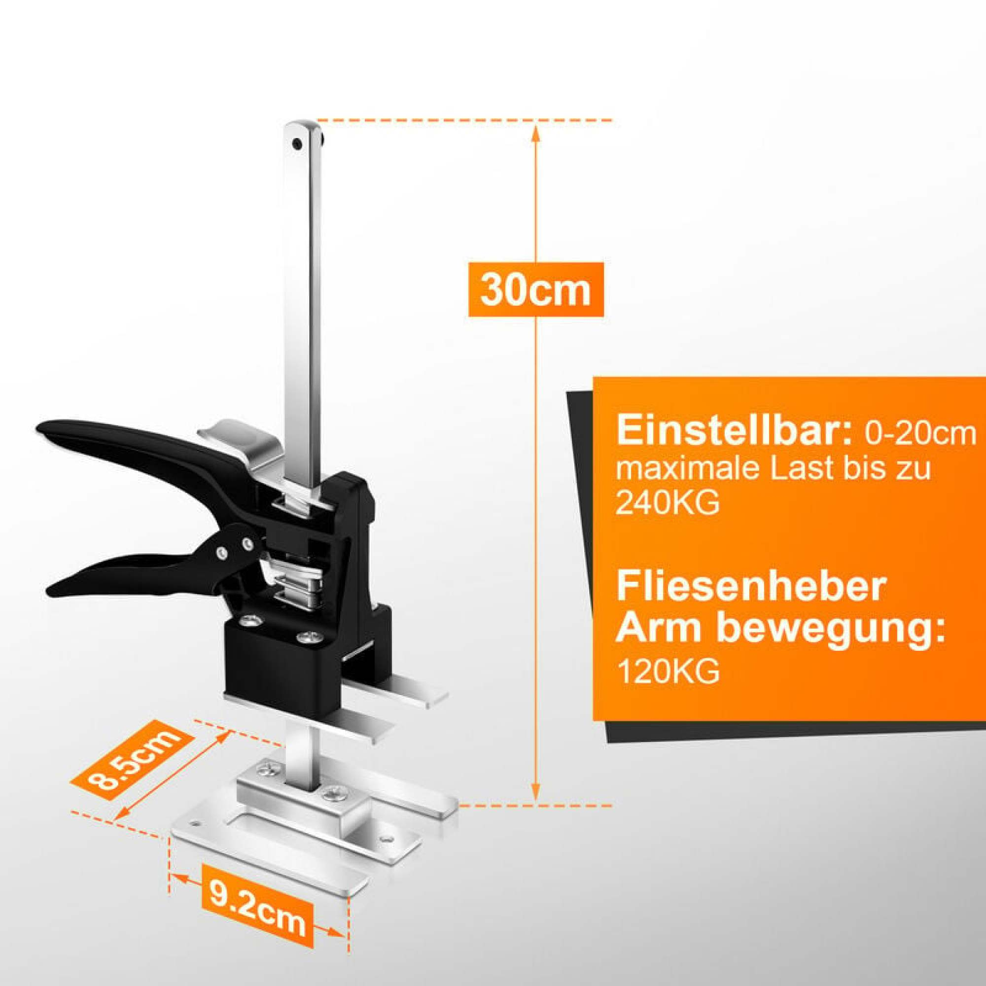 Metall-Hebewerkzeug mit Maßen. Abmessungen: 8,5 cm, 9,2 cm, Höhe 30 cm. Max. Belastung 240 kg.