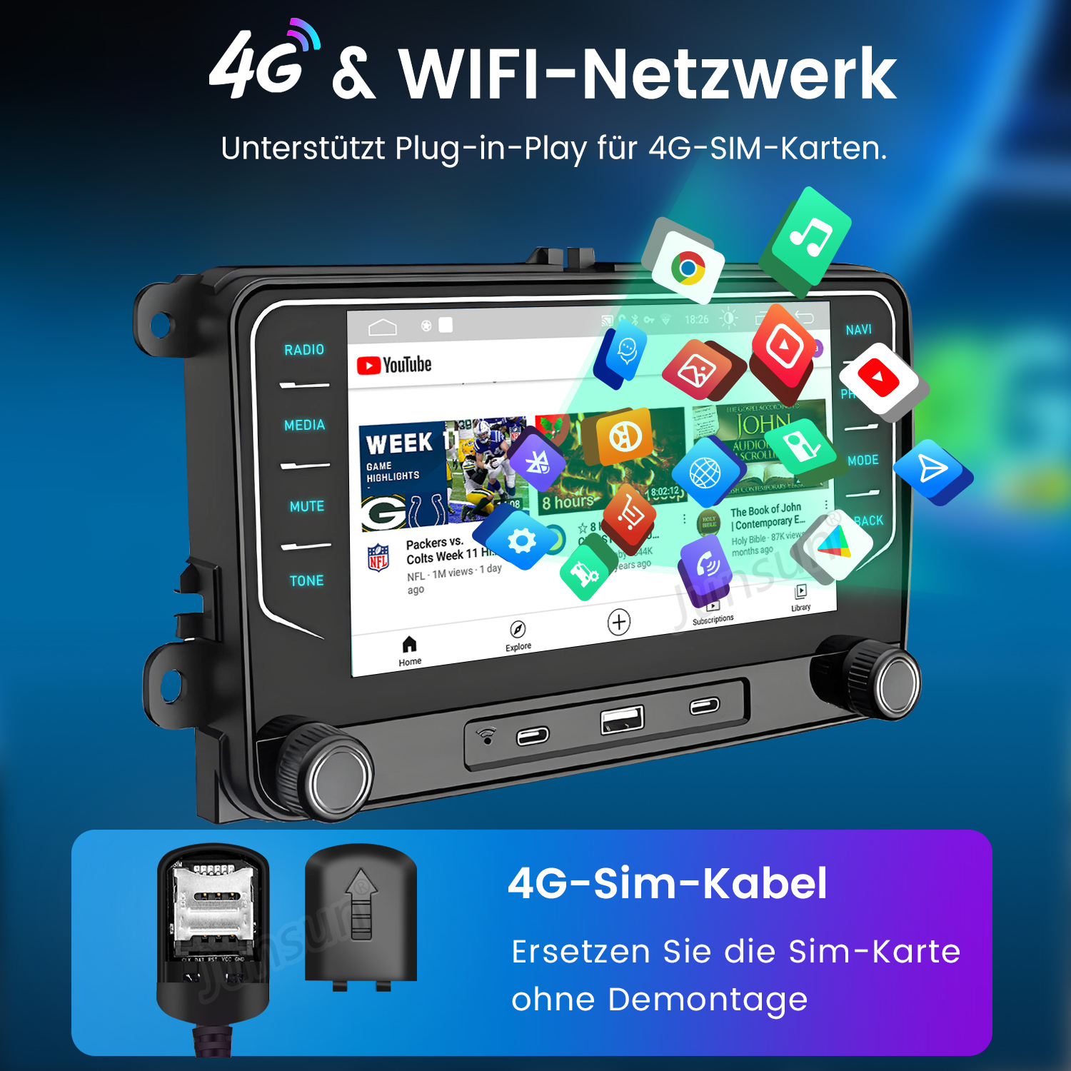 Auto-Armaturenbrett mit Bildschirm, Apps und SIM-Kartensteckplatz. Text: '4G & WIFI-Netzwerk'. Schwarz-Lila-Farbschema.