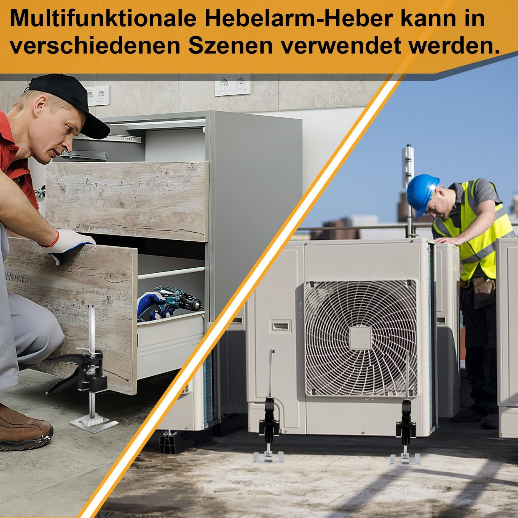 Zwei Arbeiter verwenden Fliesen-Nivellierwerkzeuge in verschiedenen Szenarien, heben einen Schrank bzw. ein Klimagerät an.