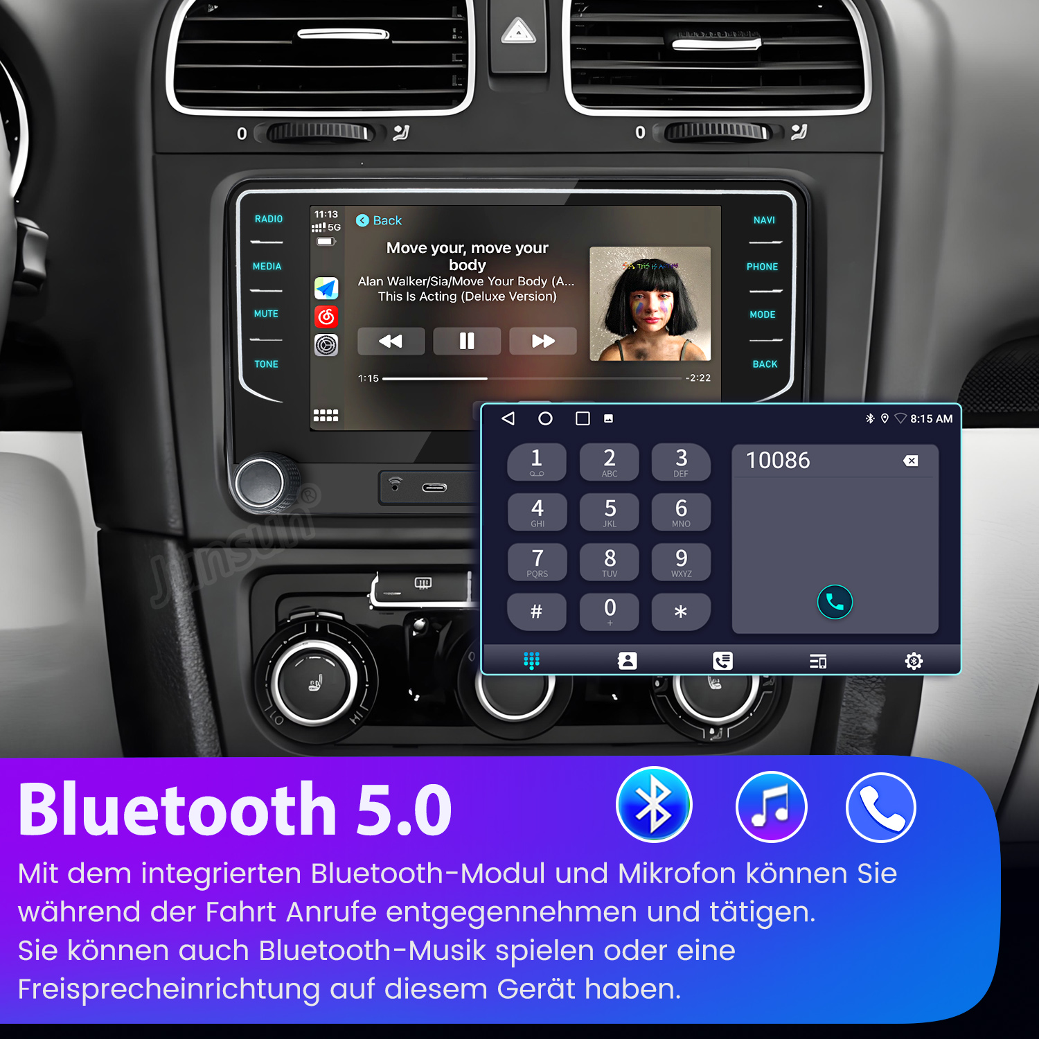 Bildschirm des Auto-Multimedia-Systems mit großem Telefonwähl-Interface und Musik-Player-Interface.