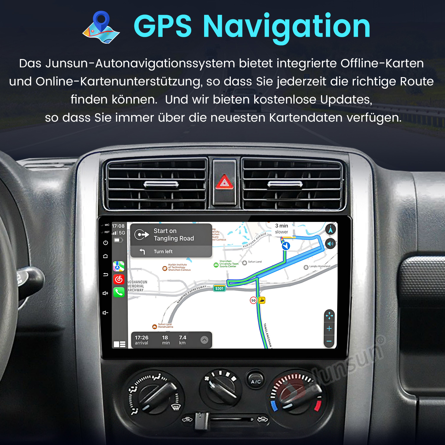 Auto-Armaturenbrett mit Navigationskarte. Eine Hand ist zu sehen. Pfeile zeigen die Navigation an.