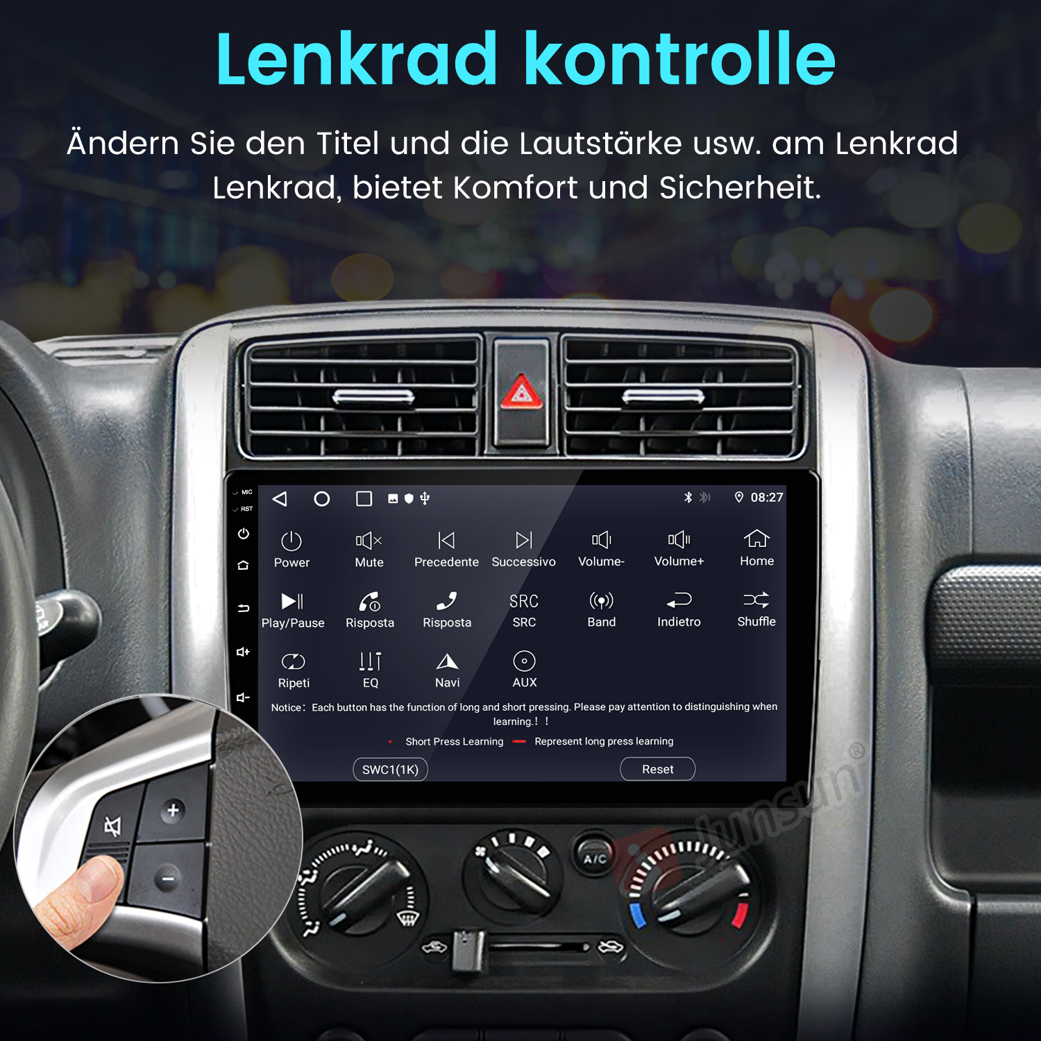 Auto-Armaturenbrett mit Bildschirm, der Einstellungen anzeigt. Eine Hand drückt eine Taste am Lenkrad.