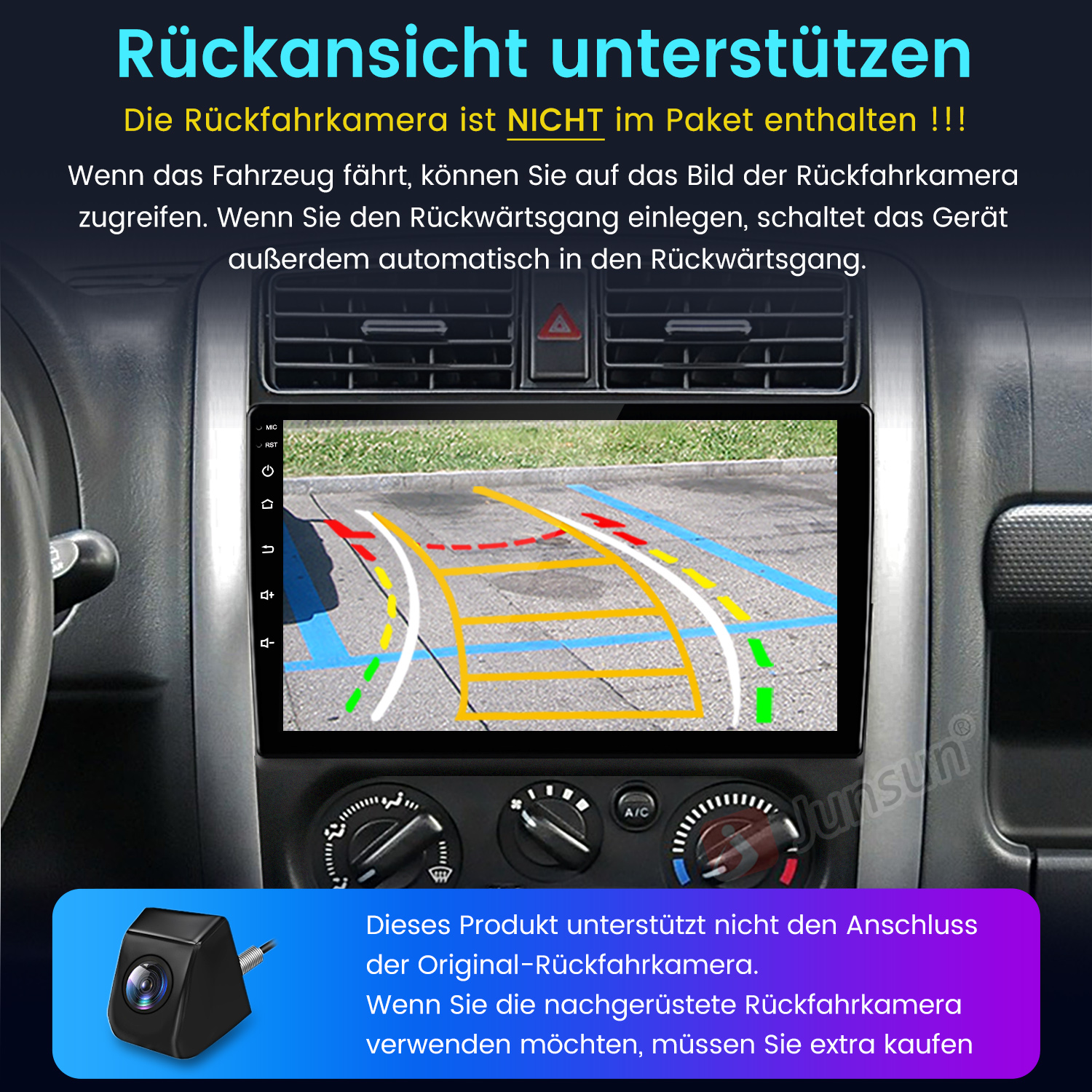 Armaturenbrett mit Bildschirm, der die Rückfahrkameravorschau anzeigt. Darunter ein Bild einer Rückfahrkamera.