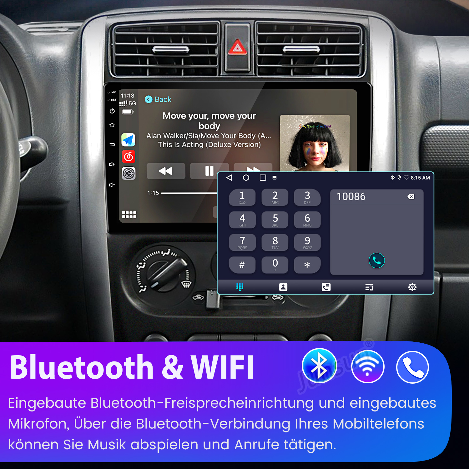 Auto-Armaturenbrett mit einem Bildschirm, der eine Telefonwählscheibe und ein Lied anzeigt.