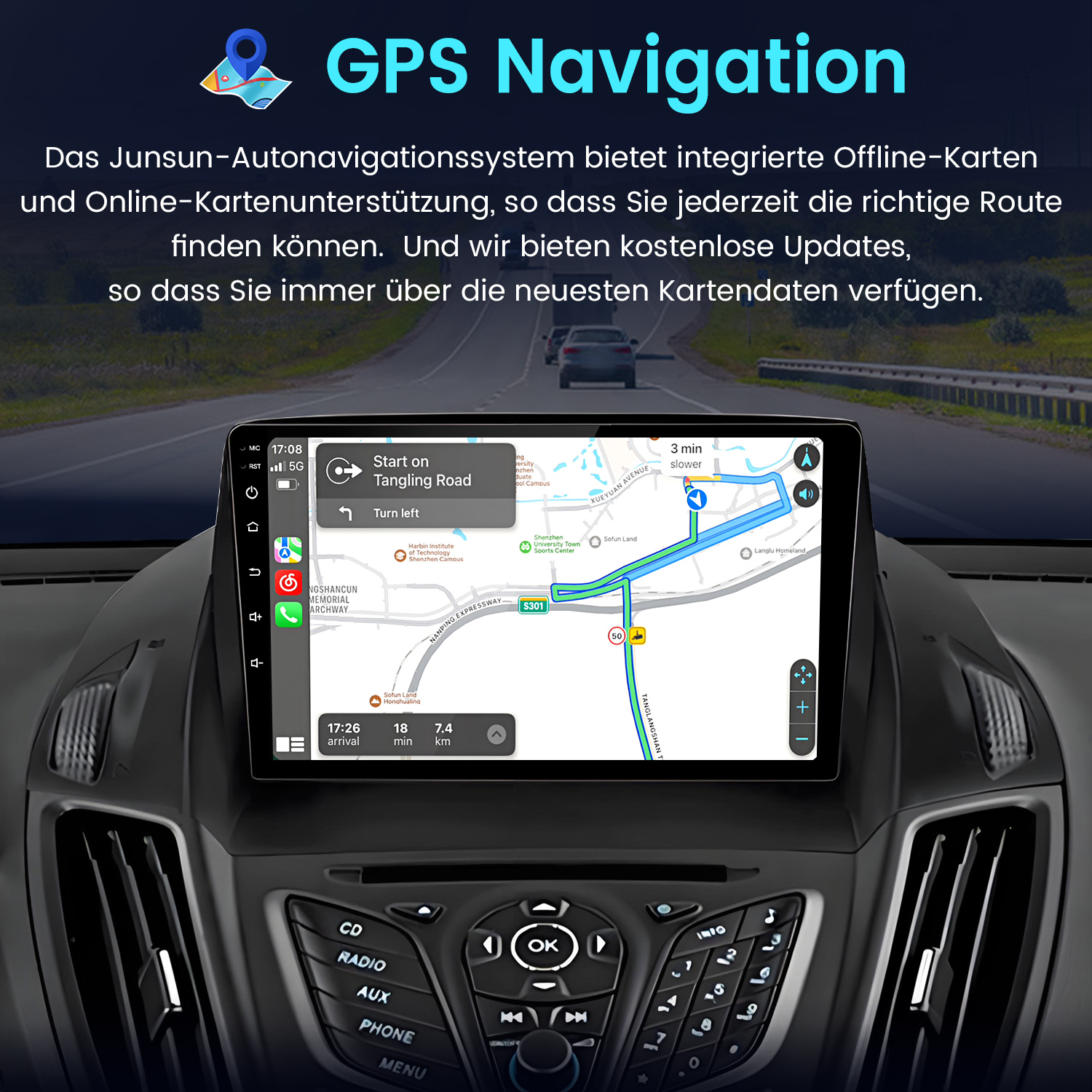 Autodashboard mit GPS-Navigationsbildschirm, der eine Route anzeigt. Der Bildschirm zeigt Kartendetails und Navigationsinformationen.