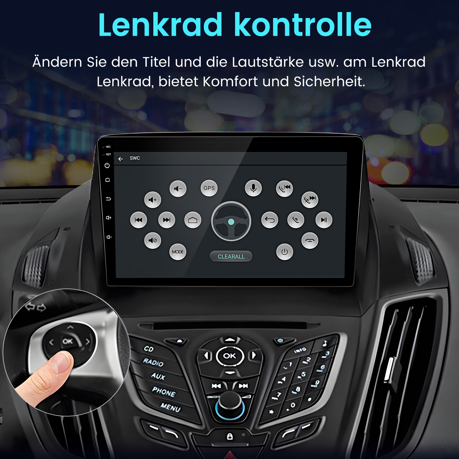 Autoradio-Bildschirm mit verschiedenen Symbolen und Einstellungen. Eine Hand berührt die OK-Taste.