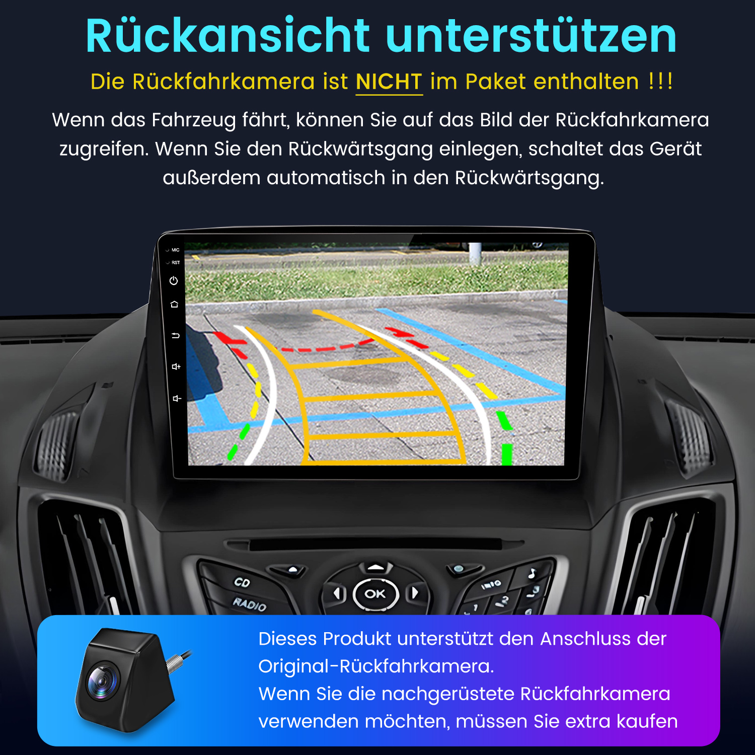 Autodisplay mit Rückfahrkamerabild. Zeigt Rückansicht mit Parklinien.